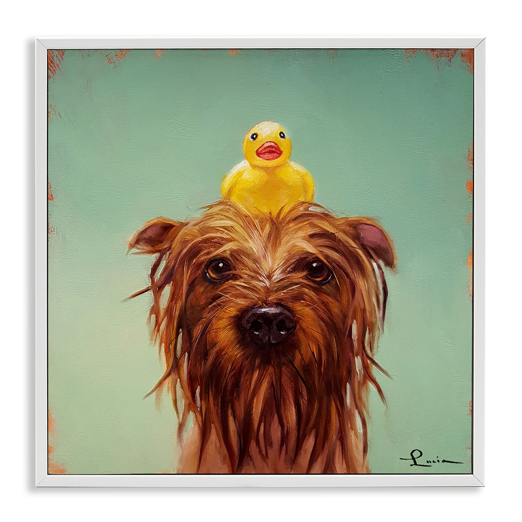 Stupell Industries Wet Dog with a Rubber Ducky Animals & Insects Painting White Framed Art Print Wall Art, 17 x 17