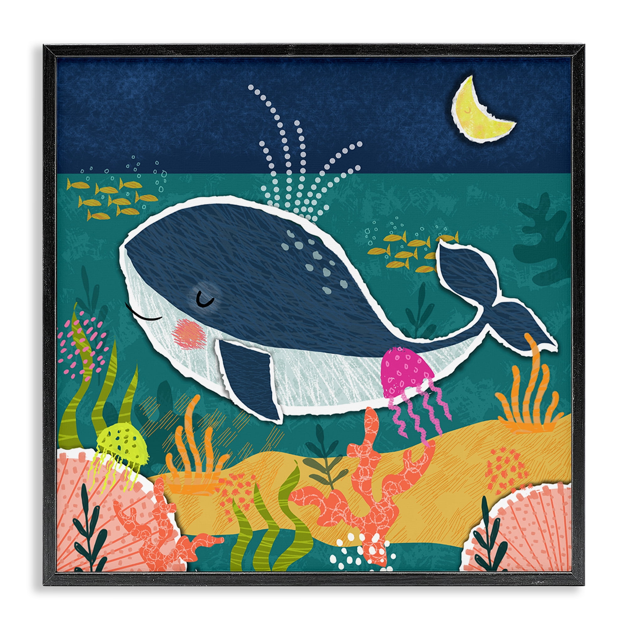 Stupell Industries Whale At Nighttime Animals Painting Black Framed Art Print Wall Art, 12 x 12