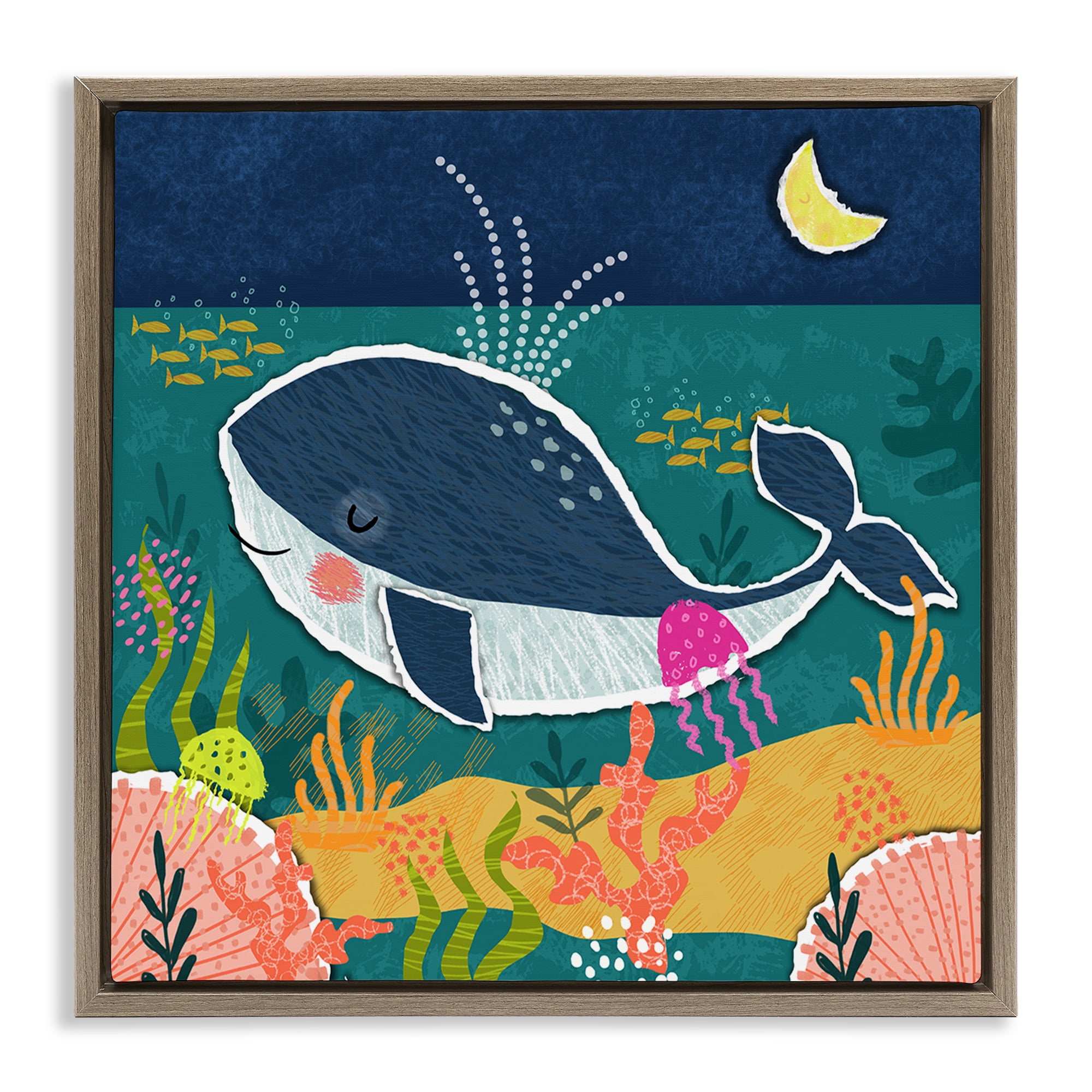 Stupell Industries Whale At Nighttime Animals Painting Brown Floater Framed Canvas Art Print Wall Art, 18 x 18