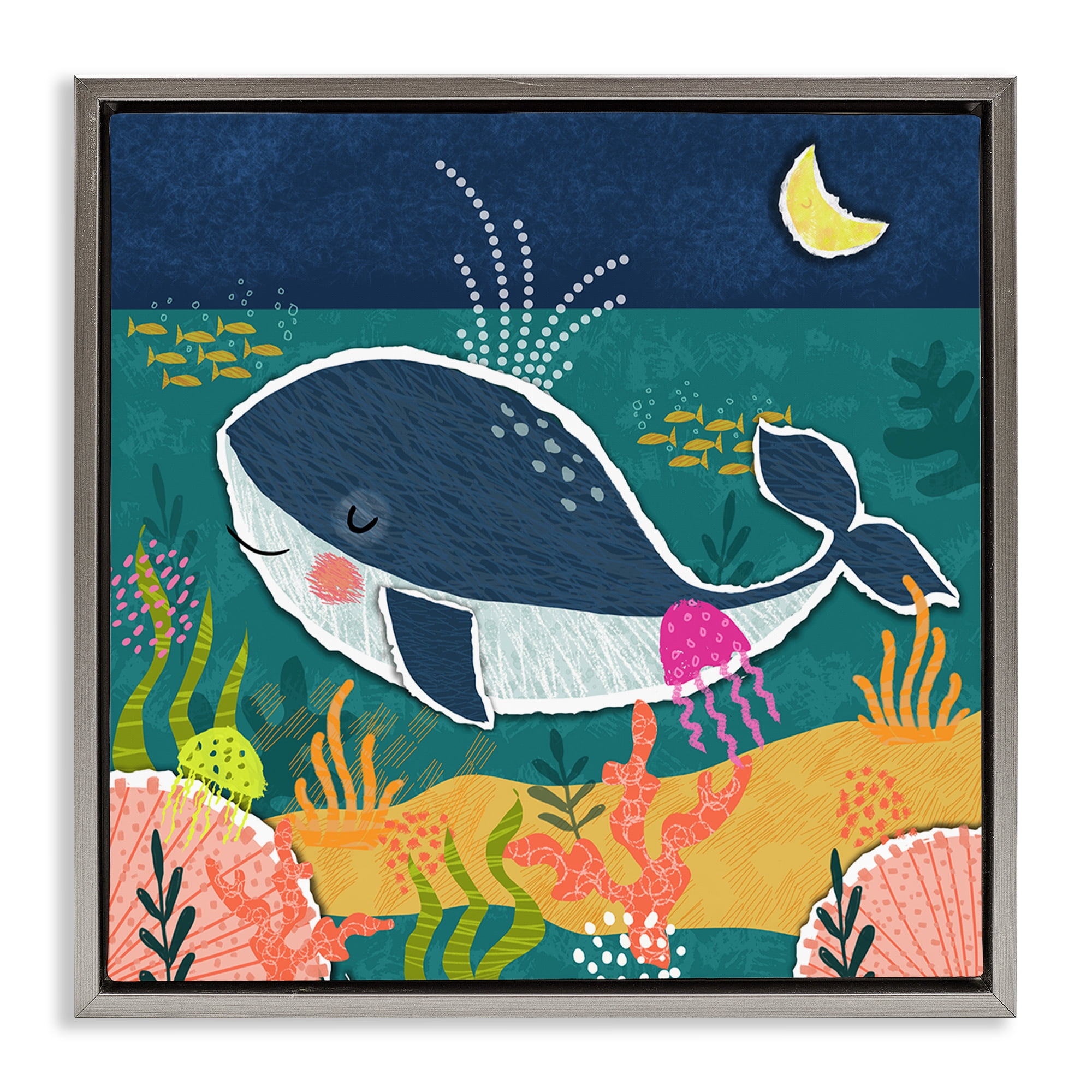 Stupell Industries Whale At Nighttime Animals Painting Gray Floater Framed Canvas Art Print Wall Art, 25 x 25