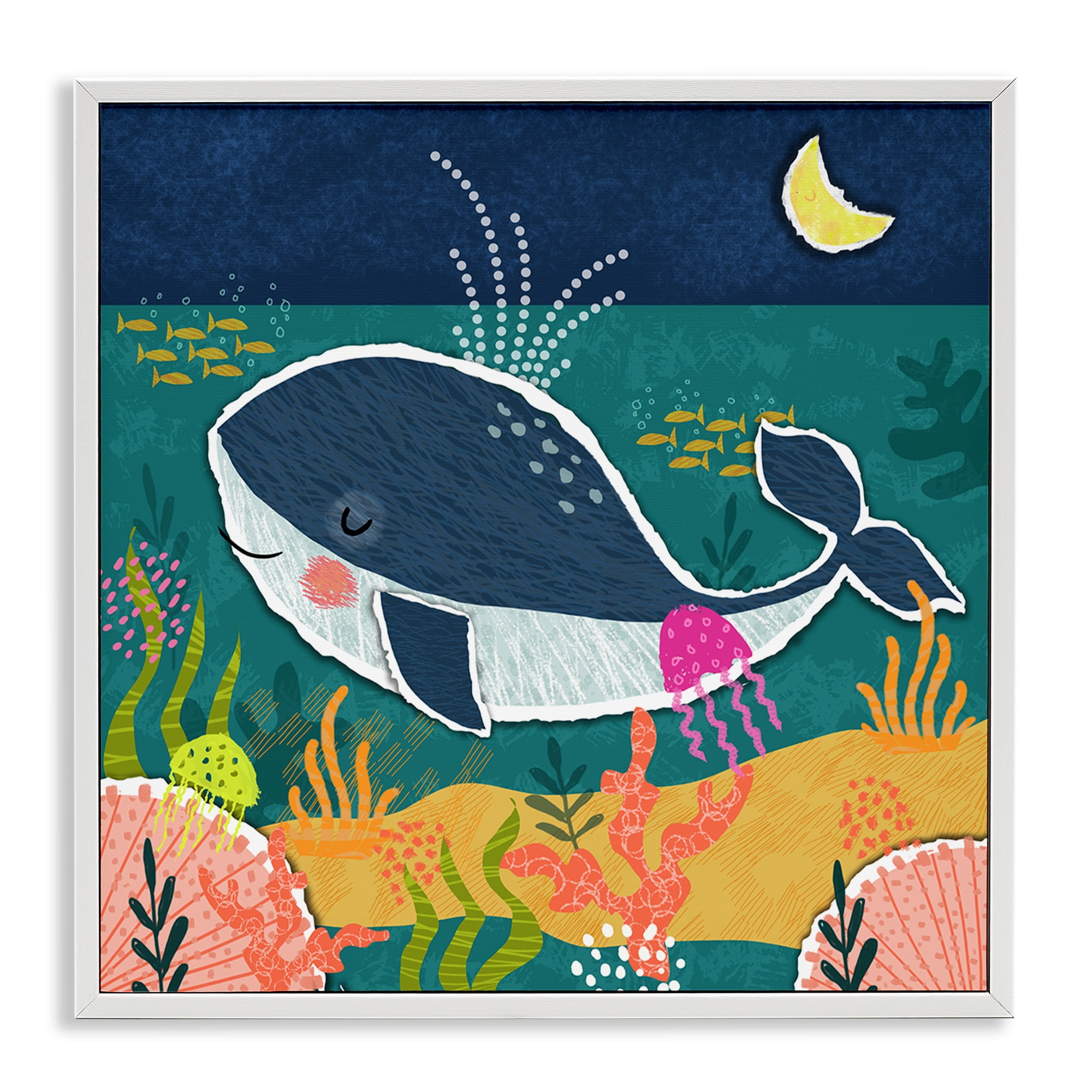 Stupell Industries Whale At Nighttime Animals Painting White Framed Art Print Wall Art, 24 x 24