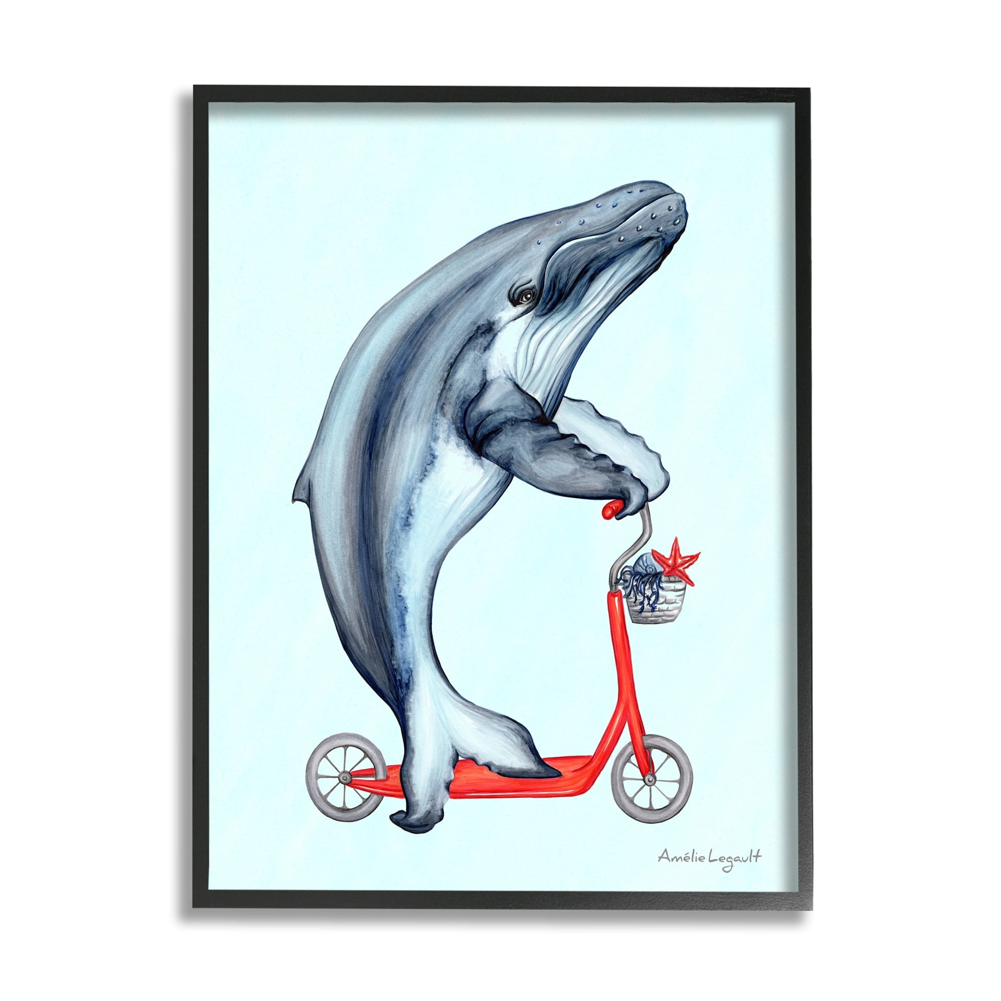 Stupell Industries Whale Riding Red Scooter Marine Sea Life Graphic Art Black Framed Art Print Wall Art, Design by Amelie Legault
