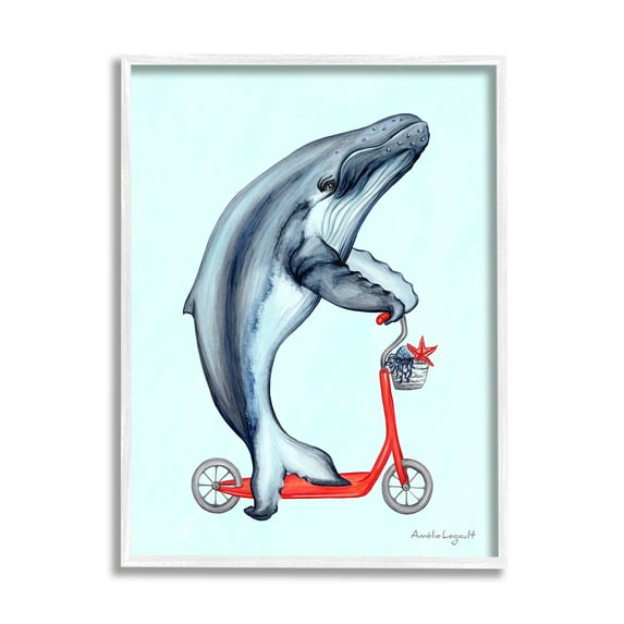 Stupell Industries Whale Riding Red Scooter Marine Sea Life Graphic Art White Framed Art Print Wall Art, Design by Amelie Legault