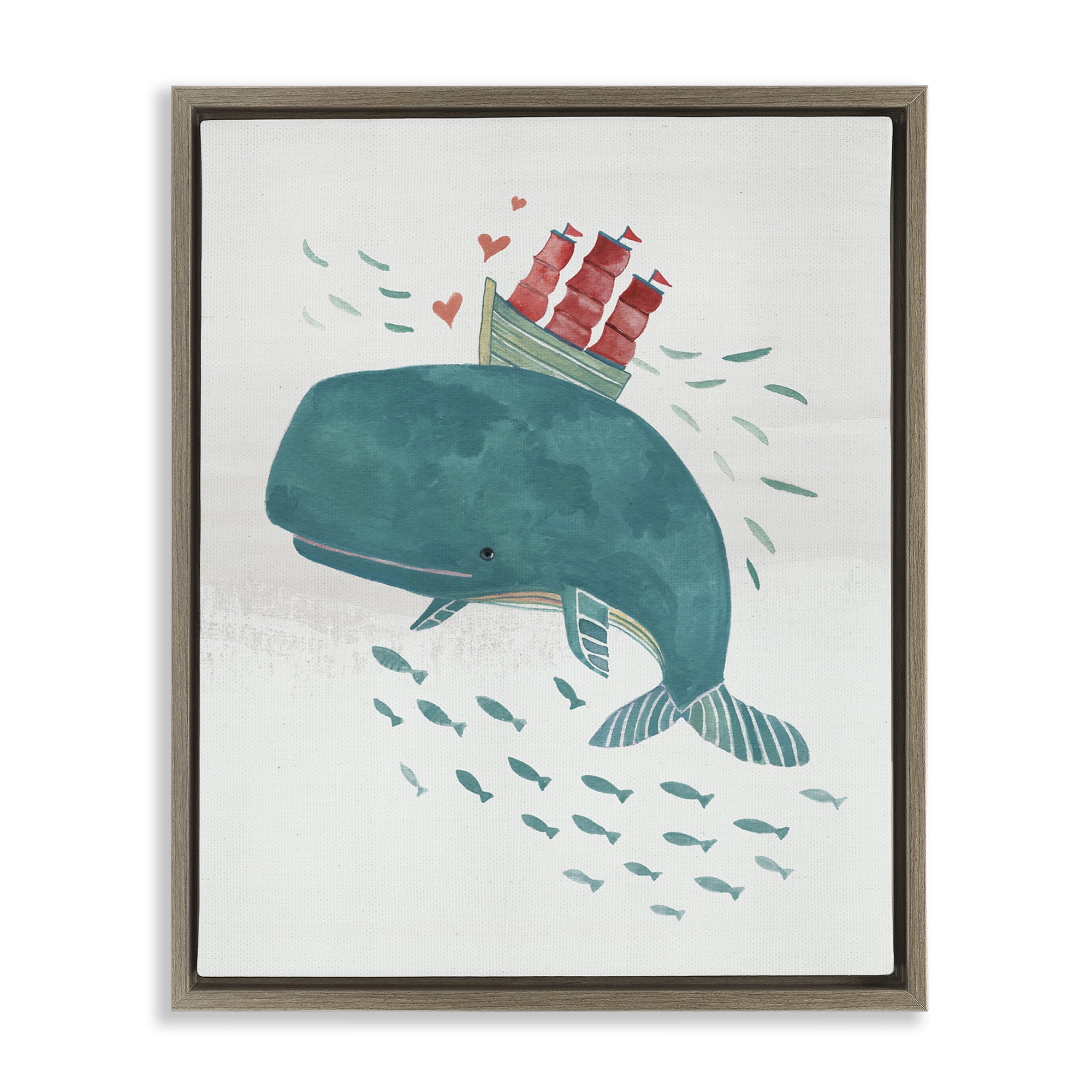 Stupell Industries Whale & Sailboat Diving Nautical & Beach Painting Brown Floater Framed Canvas Art Print Wall Art, 17 x 21