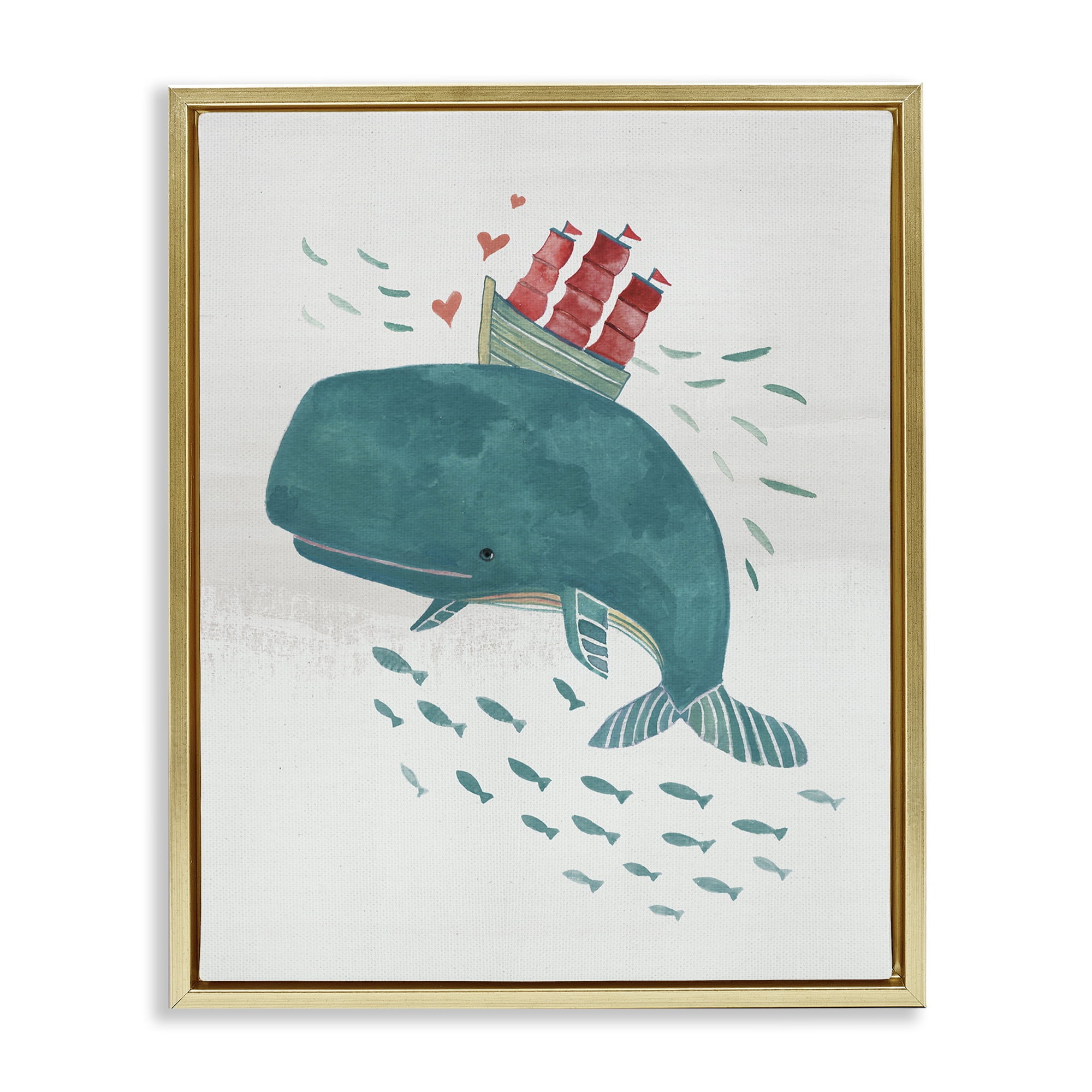 Stupell Industries Whale & Sailboat Diving Nautical & Beach Painting Gold Floater Framed Canvas Art Print Wall Art, 17 x 21
