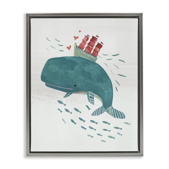 Stupell Industries Whale & Sailboat Diving Nautical & Beach Painting Gray Floater Framed Canvas Art Print Wall Art, 17 x 21