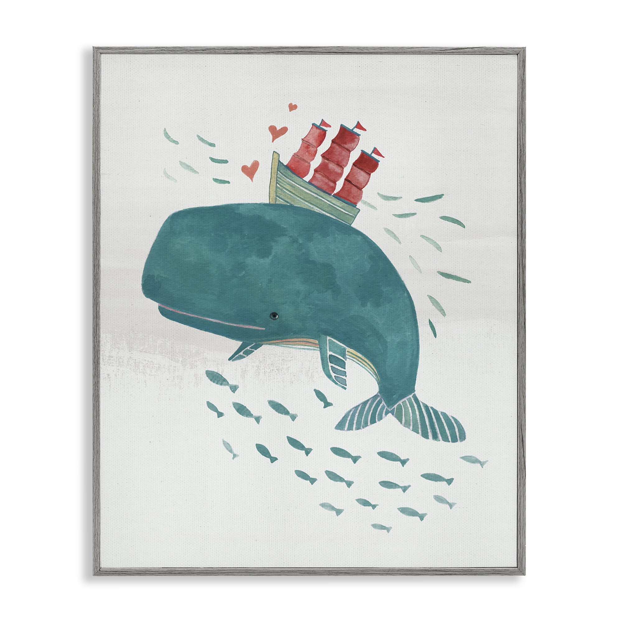 Stupell Industries Whale & Sailboat Diving Nautical & Beach Painting Gray Framed Art Print Wall Art, 16 x 20