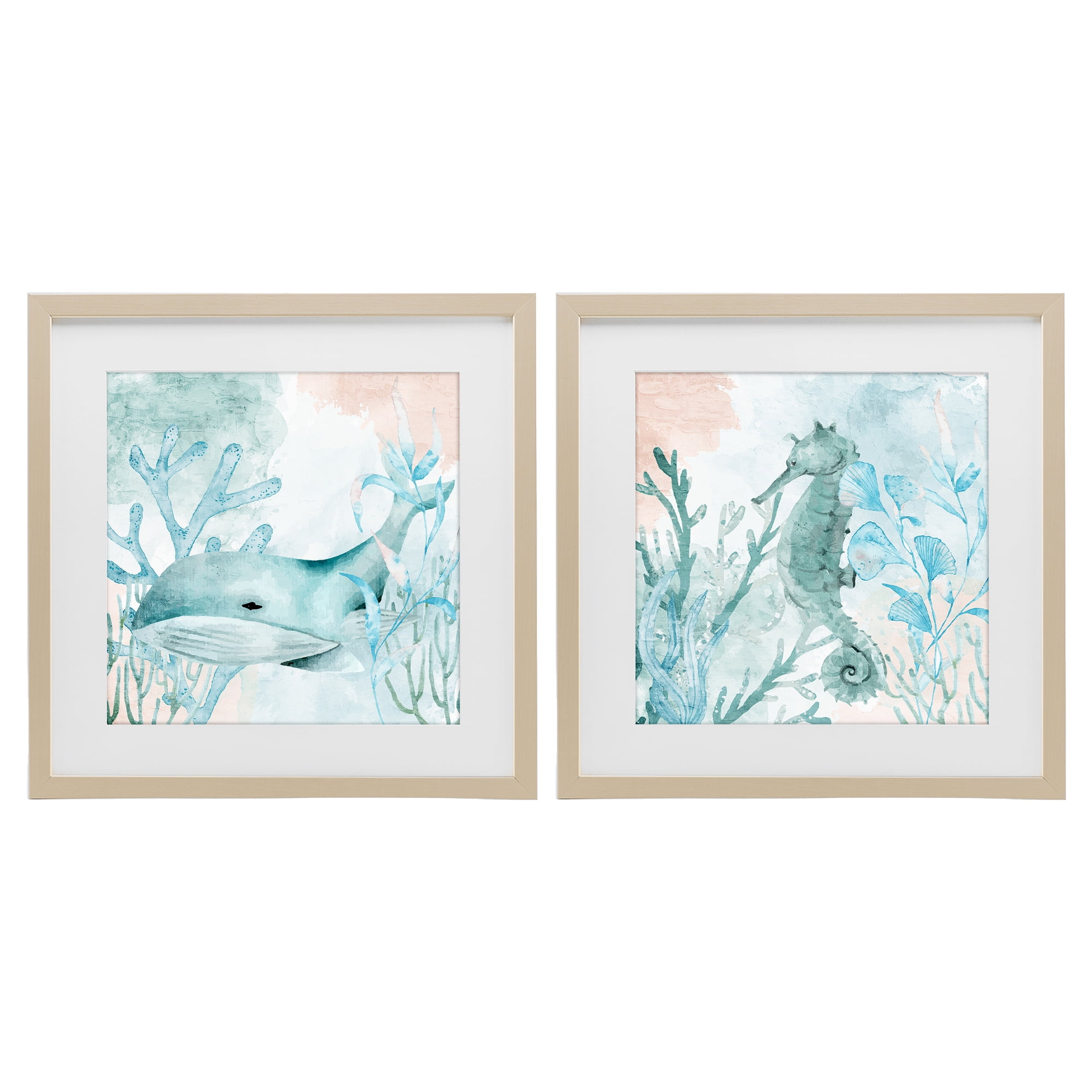 Stupell Industries Whale & Seahorse Sea Swim 2 Piece Birch Framed Print Under Glass Set, design by Kim Allen