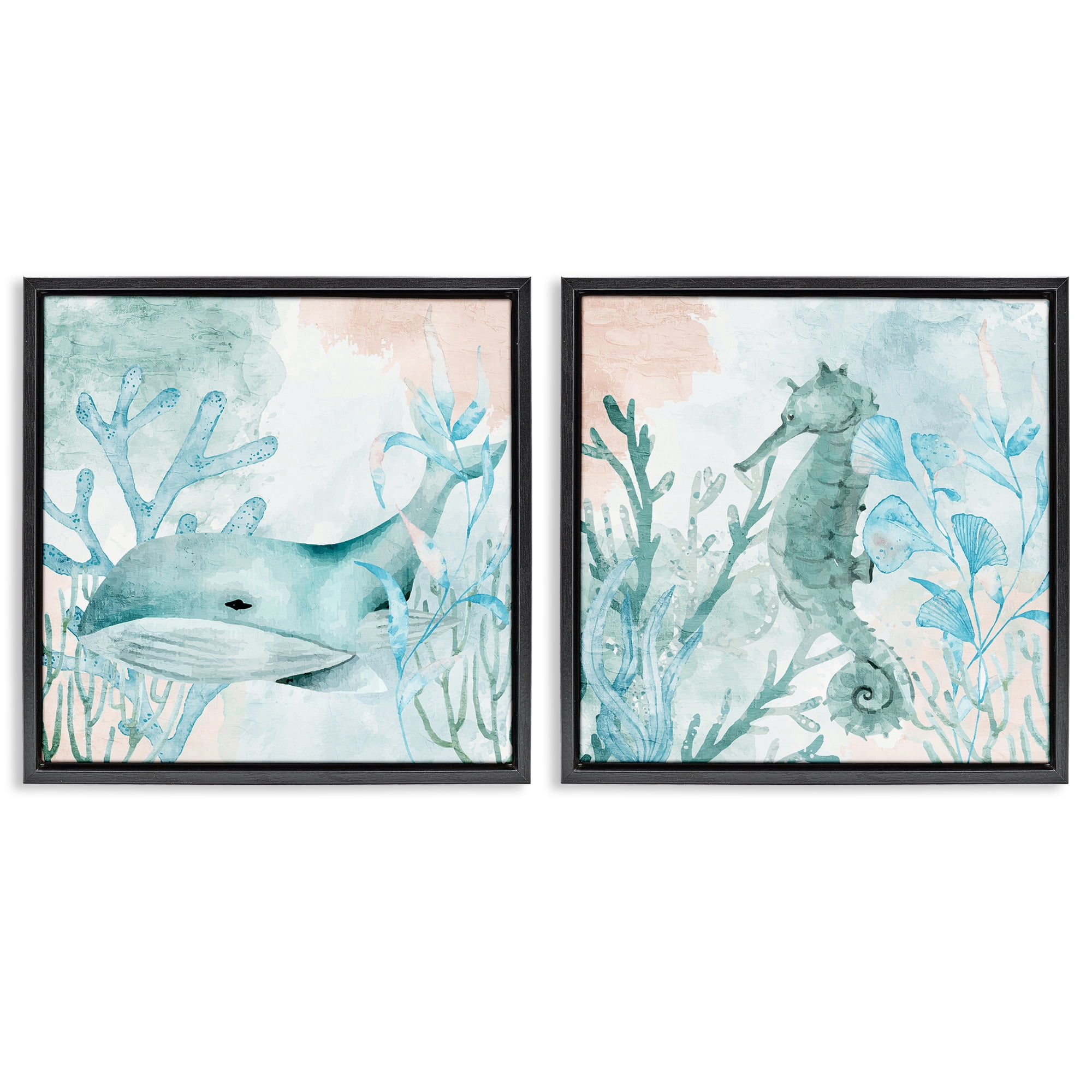 Stupell Industries Whale & Seahorse Sea Swim 2 Piece Black Framed Floater Canvas Set, design by Kim Allen
