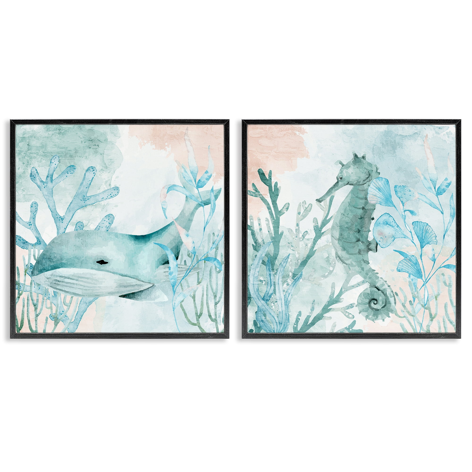 Stupell Industries Whale & Seahorse Sea Swim 2 Piece Black Framed Giclee Art Set, design by Kim Allen