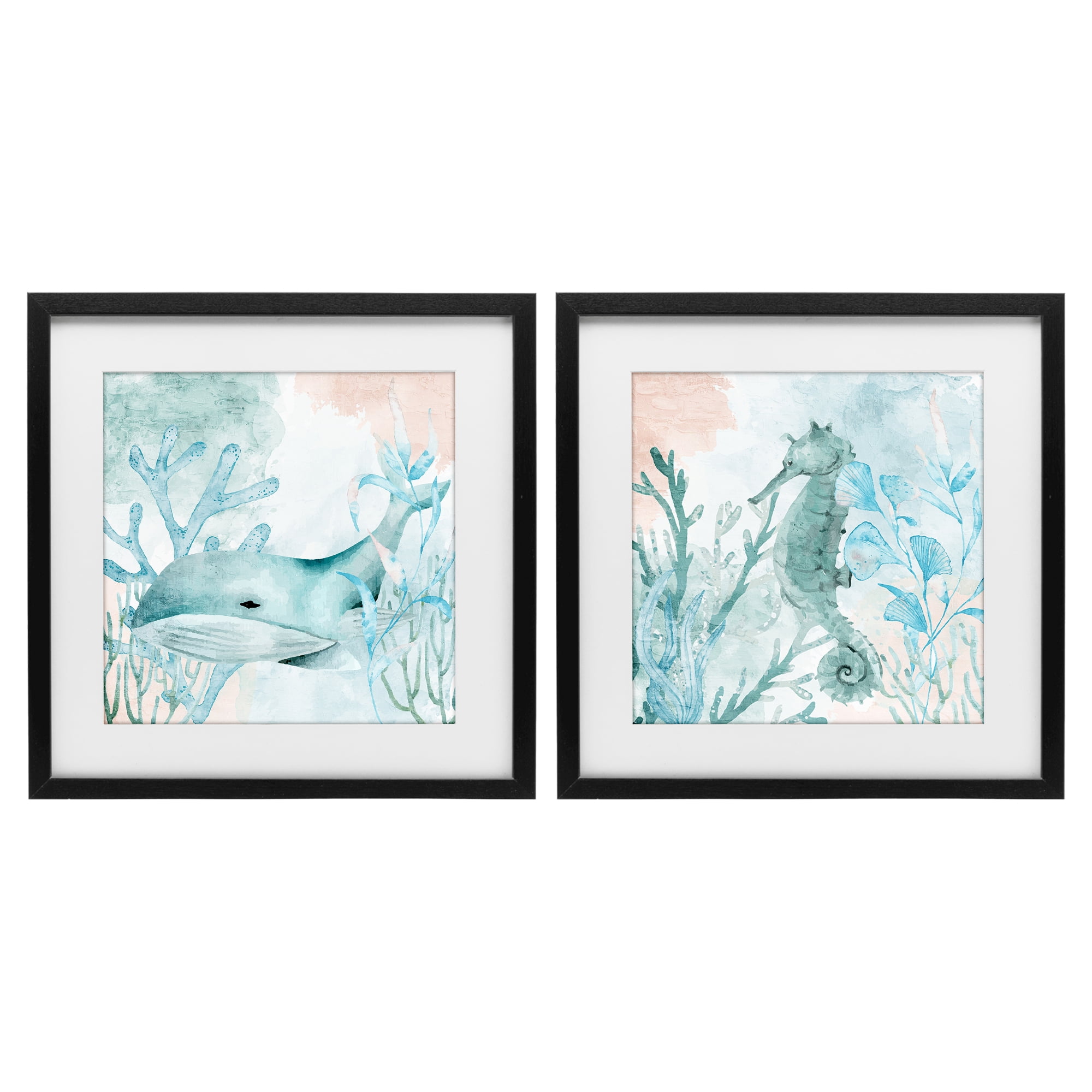 Stupell Industries Whale & Seahorse Sea Swim 2 Piece Black Framed Print Under Glass Set, design by Kim Allen