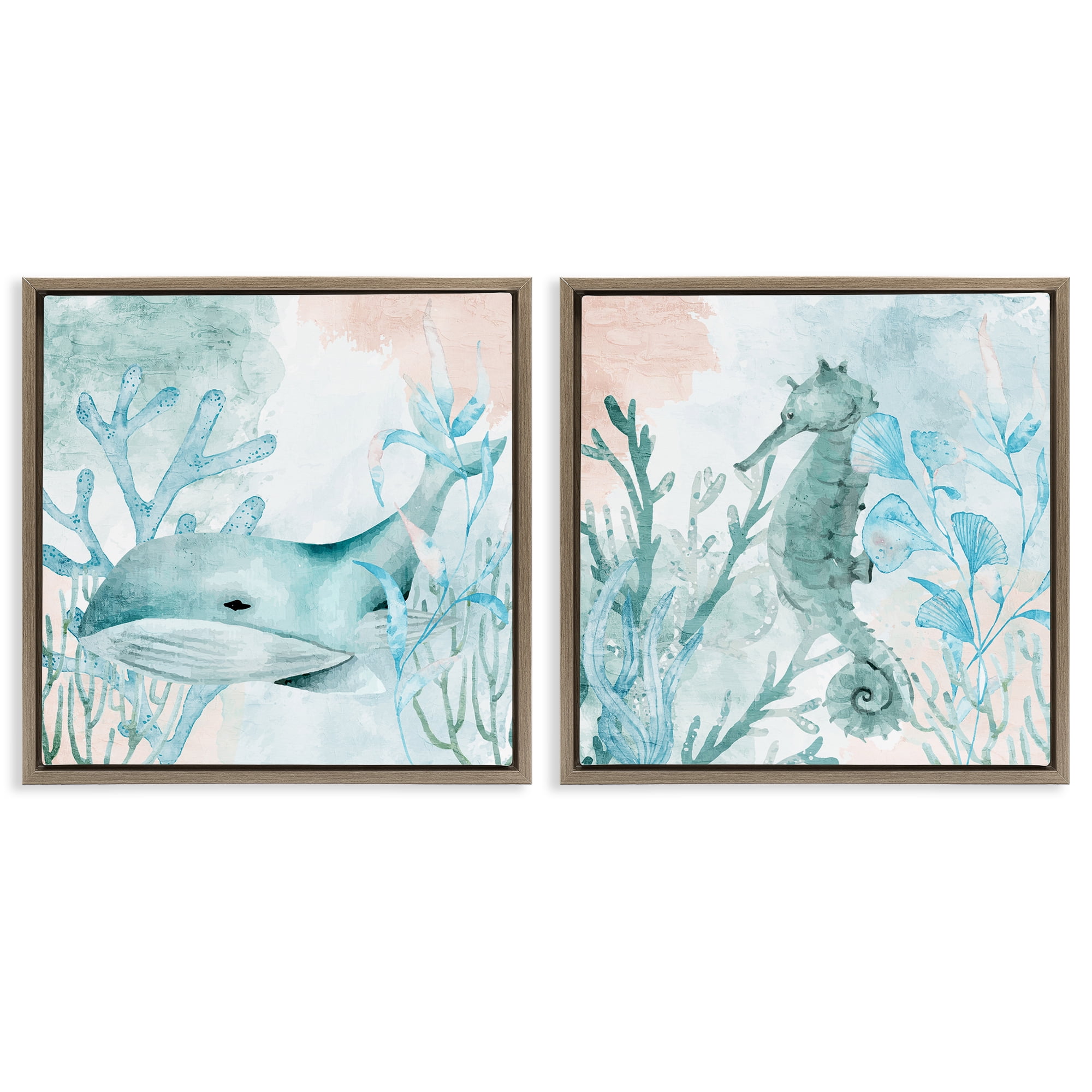 Stupell Industries Whale & Seahorse Sea Swim 2 Piece Brown Framed Floater Canvas Set, design by Kim Allen