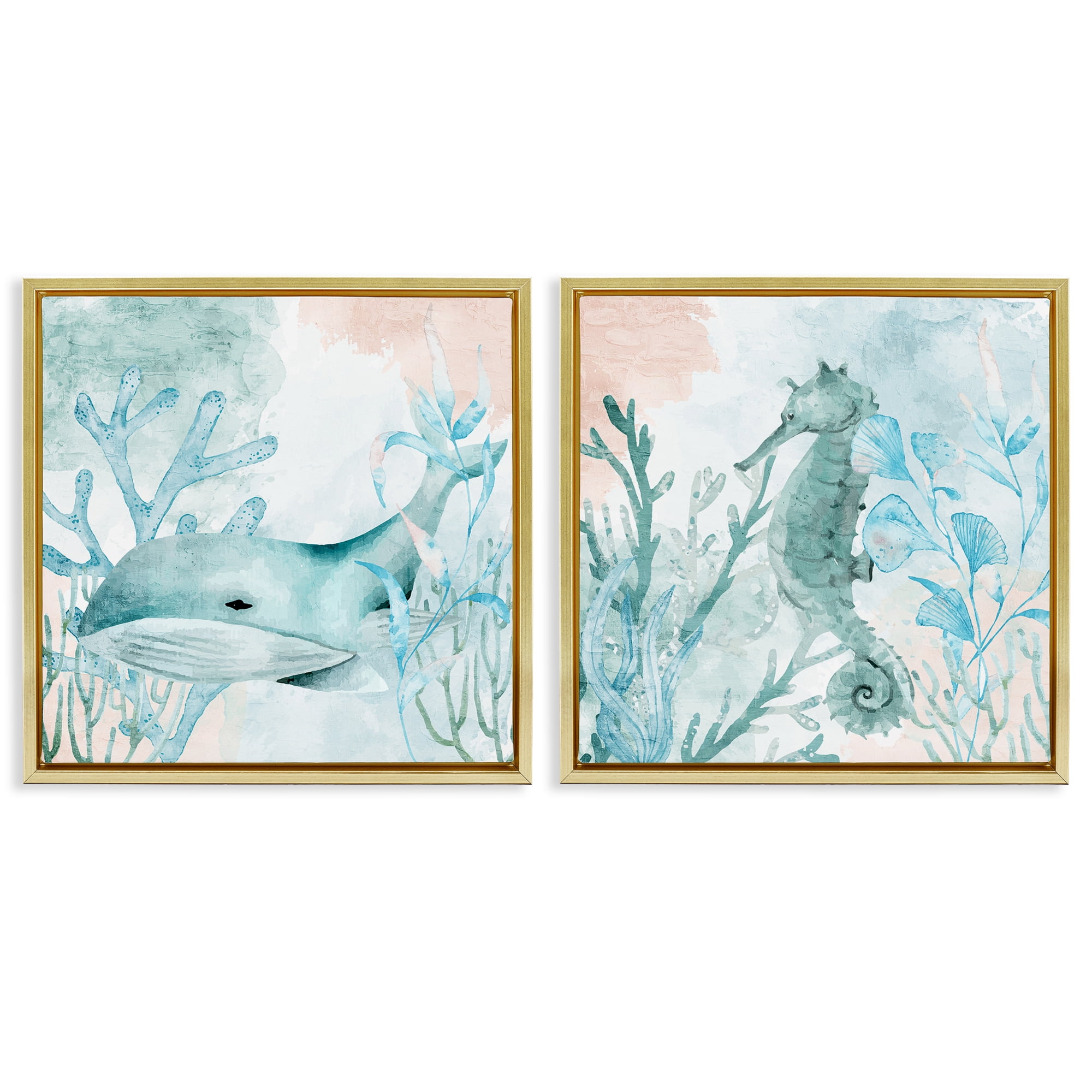 Stupell Industries Whale & Seahorse Sea Swim 2 Piece Gold Framed Floater Canvas Set, design by Kim Allen