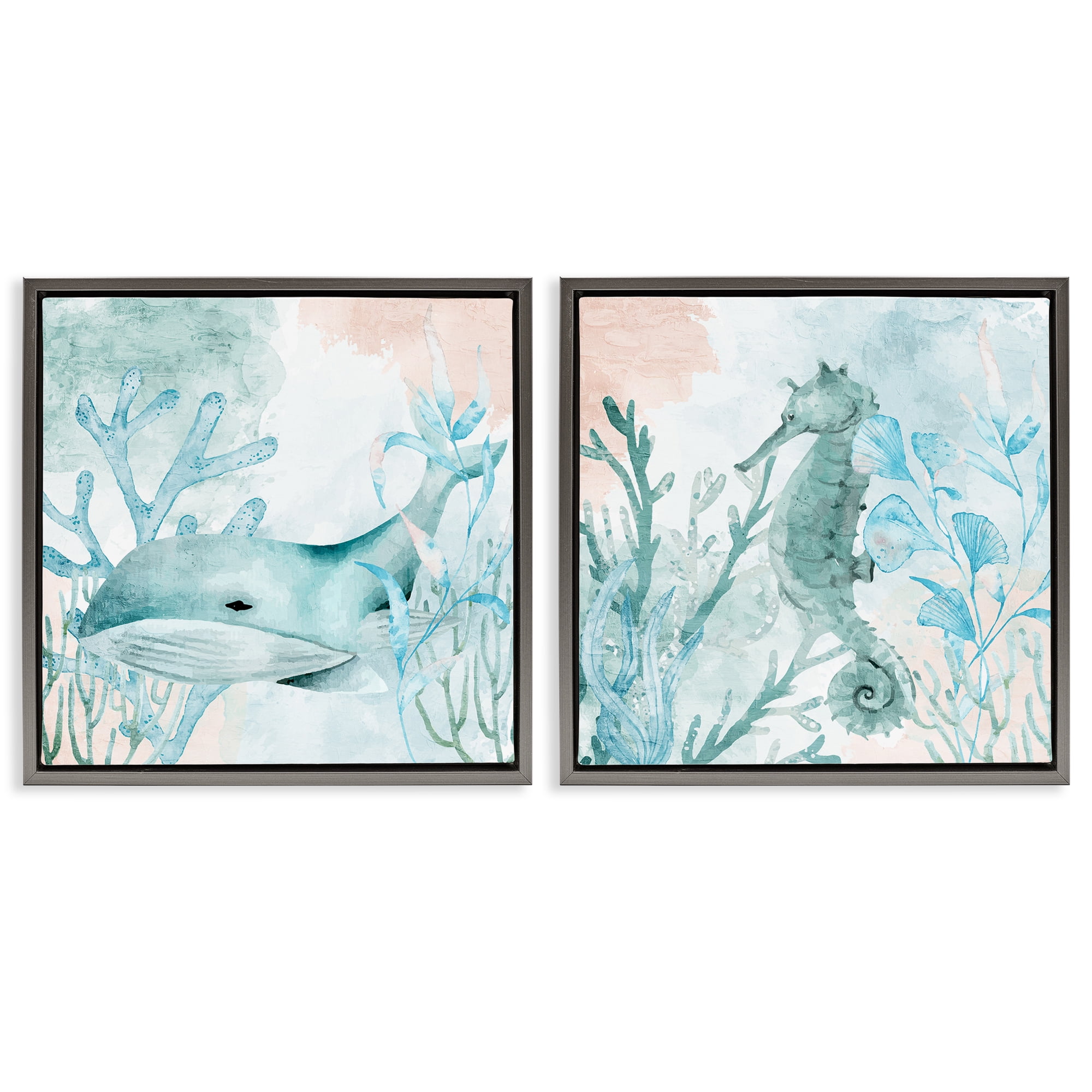 Stupell Industries Whale & Seahorse Sea Swim 2 Piece Gray Framed Floater Canvas Set, design by Kim Allen