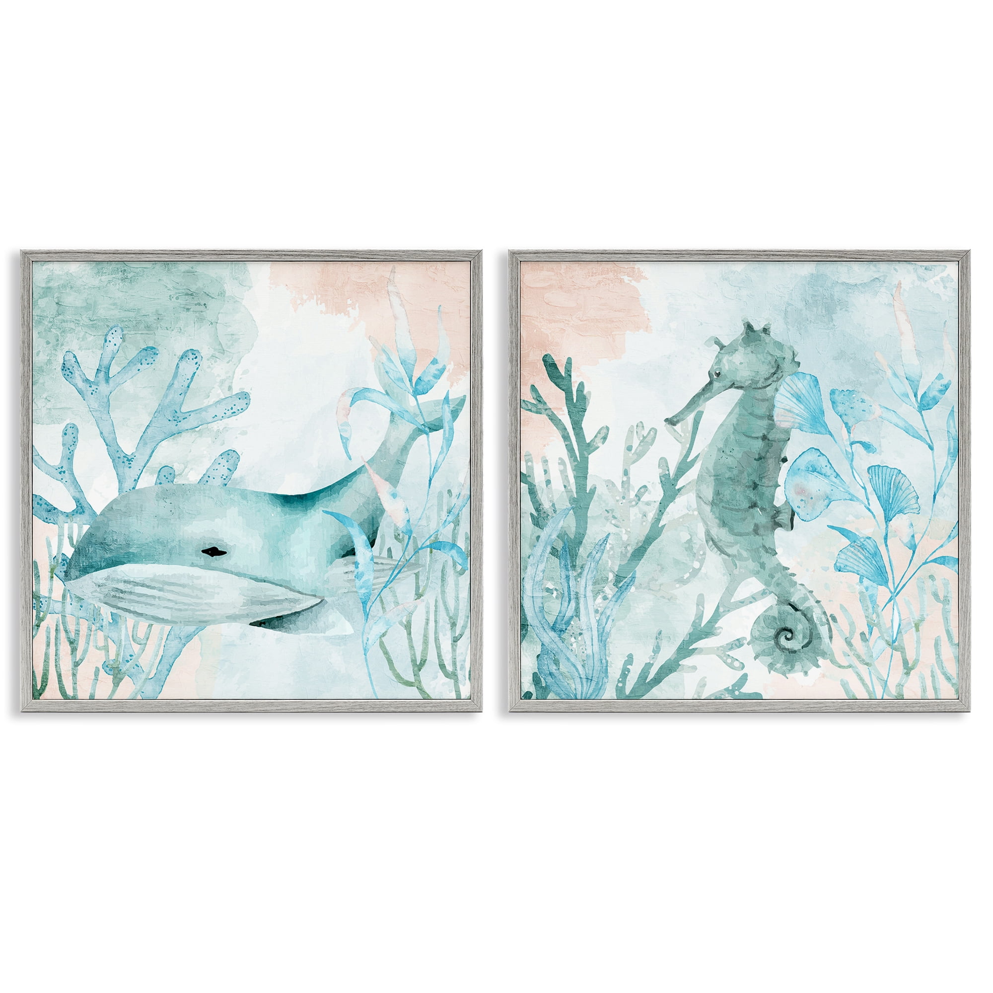 Stupell Industries Whale & Seahorse Sea Swim 2 Piece Gray Framed Giclee Art Set, design by Kim Allen