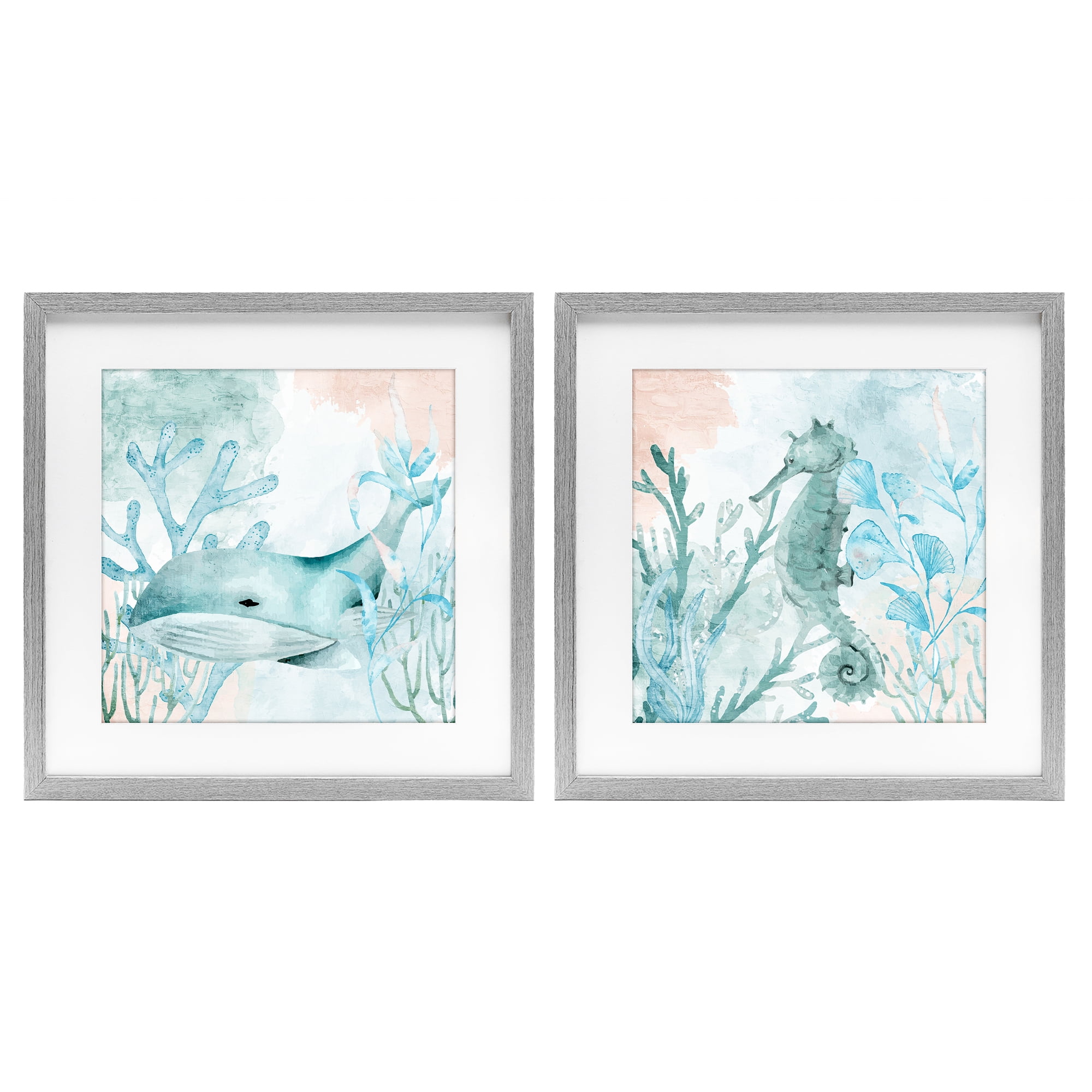 Stupell Industries Whale & Seahorse Sea Swim 2 Piece Gray Framed Print Under Glass Set, design by Kim Allen