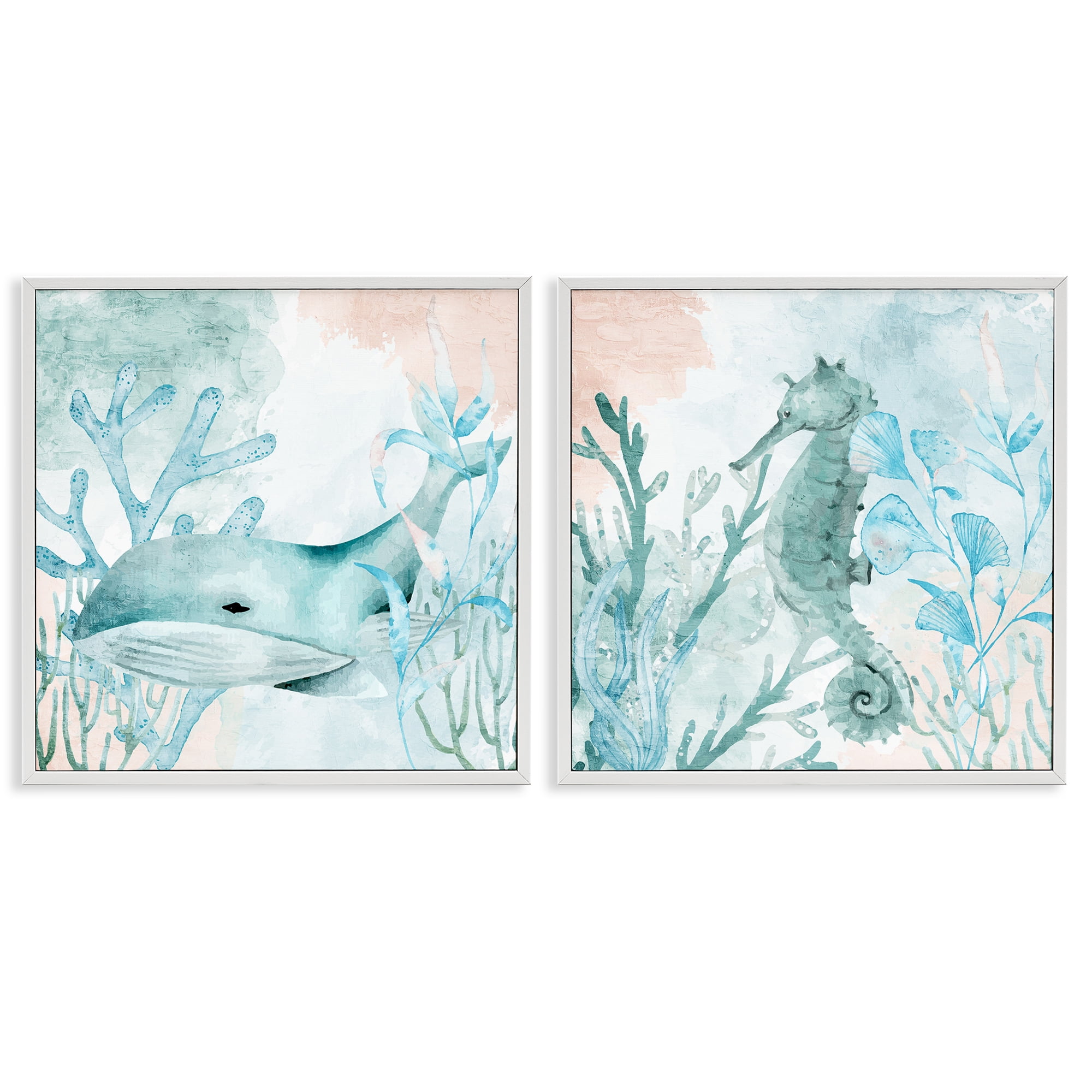 Stupell Industries Whale & Seahorse Sea Swim 2 Piece White Framed Giclee Art Set, design by Kim Allen