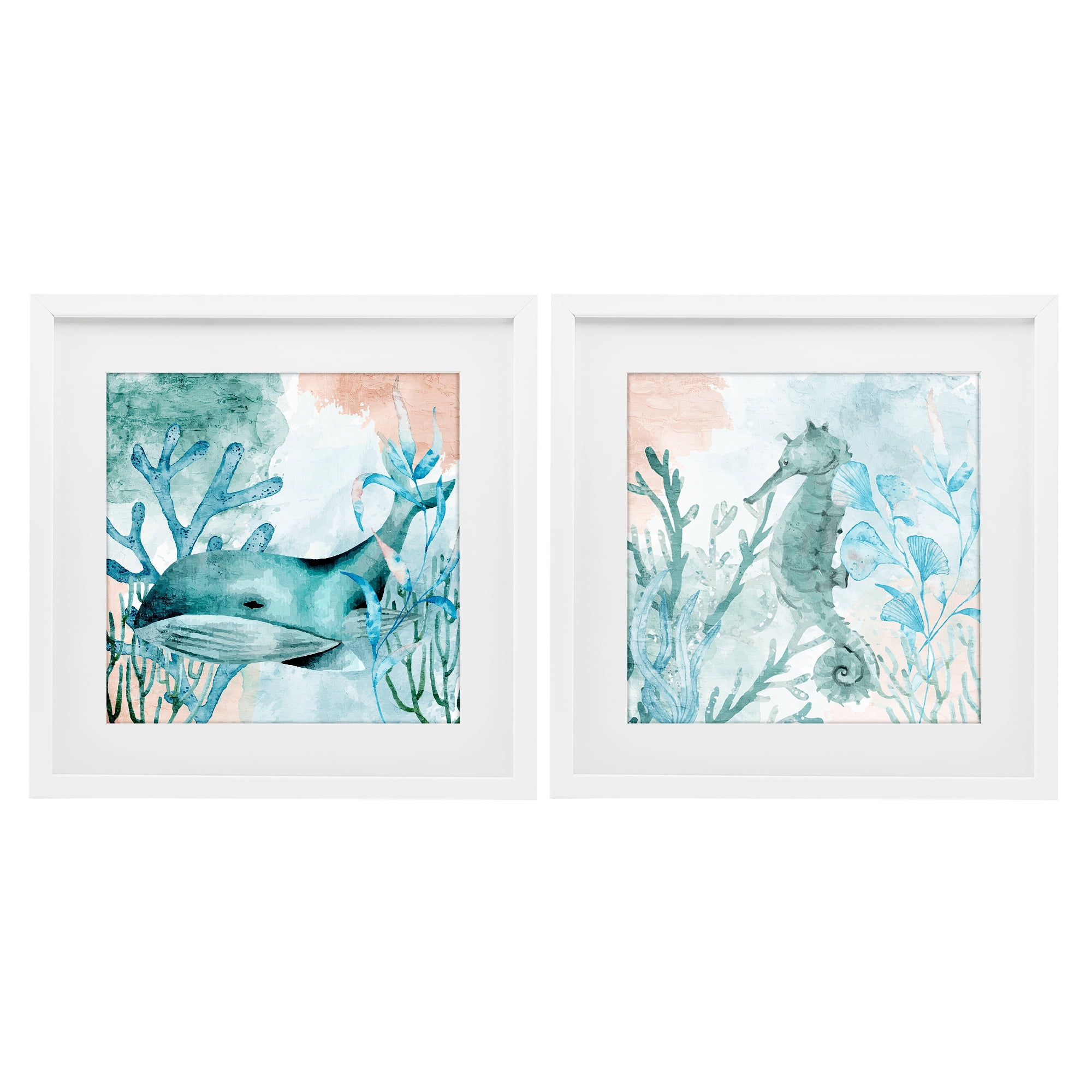 Stupell Industries Whale & Seahorse Sea Swim 2 Piece White Framed Print Under Glass Set, design by Kim Allen