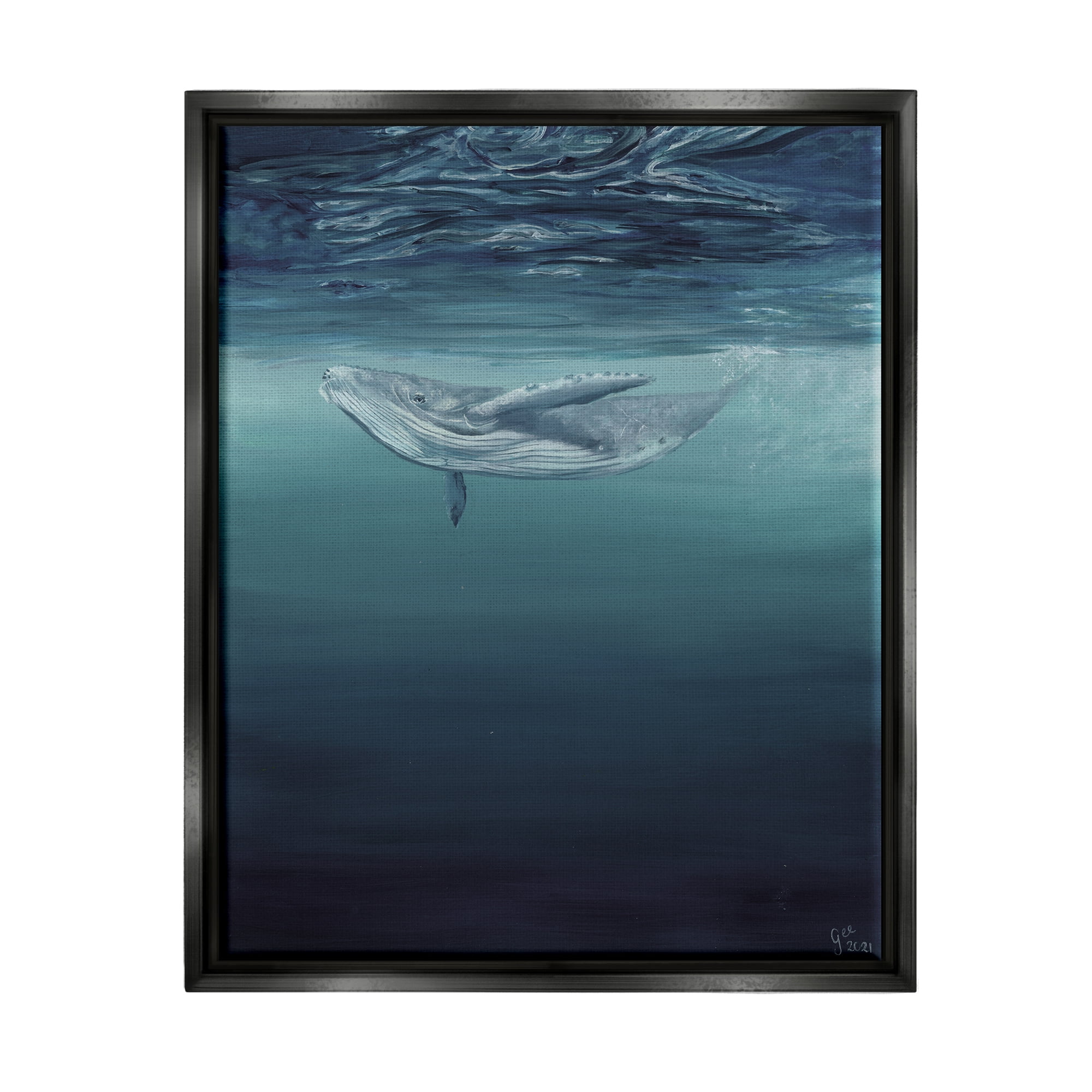 Stupell Industries Whale Swimming Underwater Animals & Insects Painting Black Floater Framed Art Print Wall Art, 17 x 21