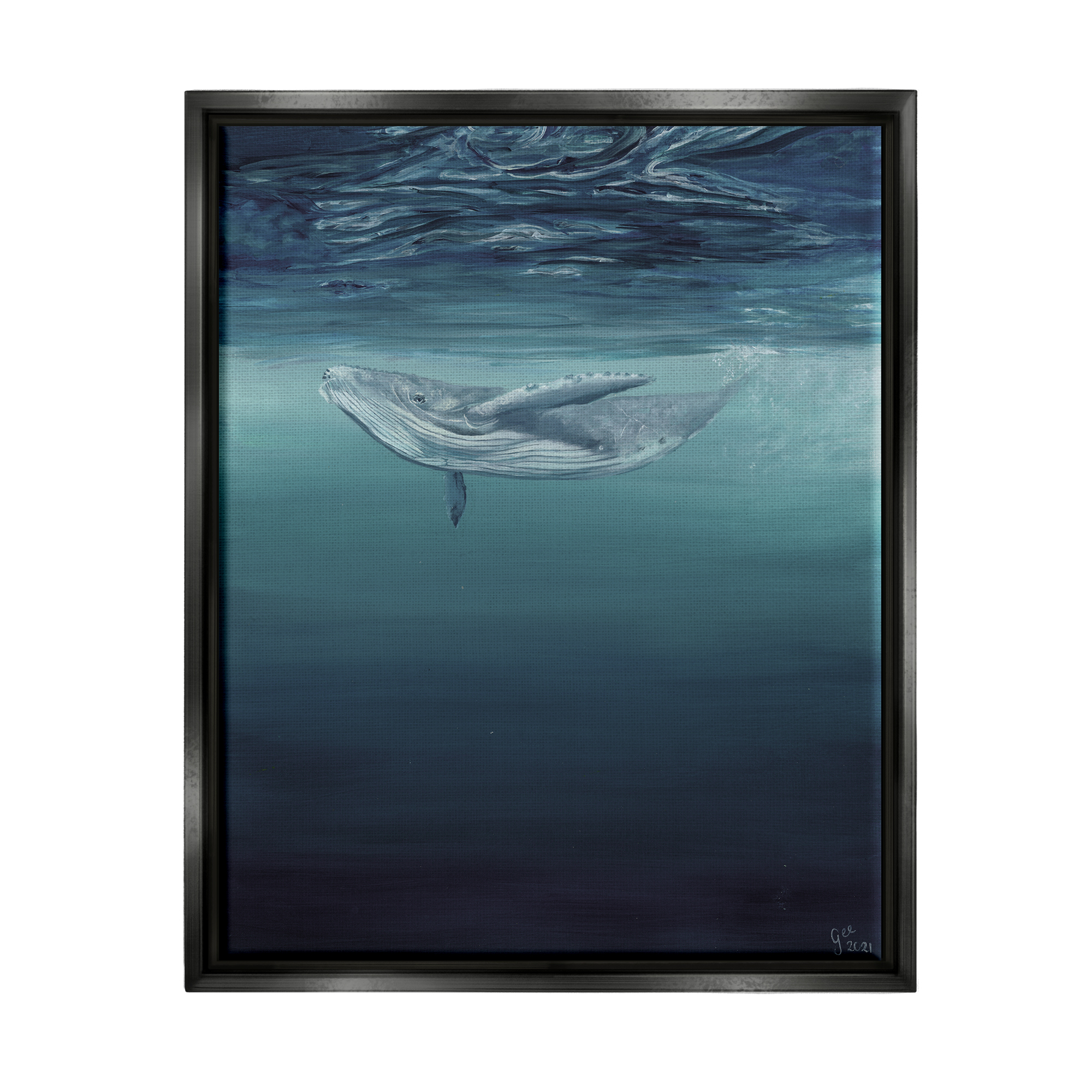 Stupell Industries Whale Swimming Underwater Animals & Insects Painting Black Floater Framed Art Print Wall Art, 25 x 31