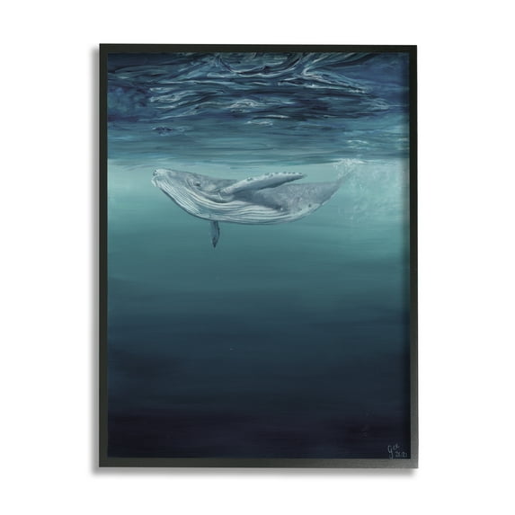 Stupell Industries Whale Swimming Underwater Animals & Insects Painting Black Framed Art Print Wall Art, 11 x 14