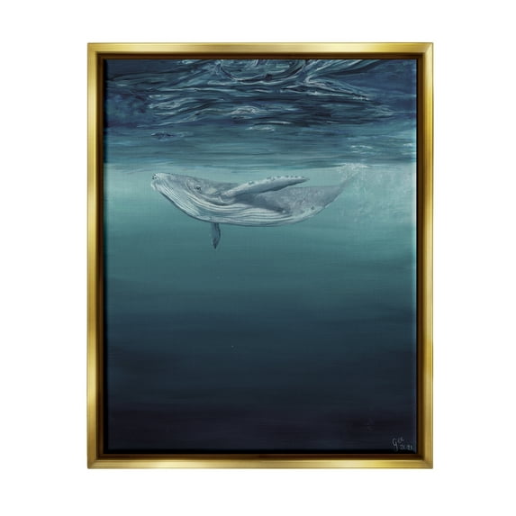 Stupell Industries Whale Swimming Underwater Animals & Insects Painting Gold Floater Framed Art Print Wall Art, 17 x 21