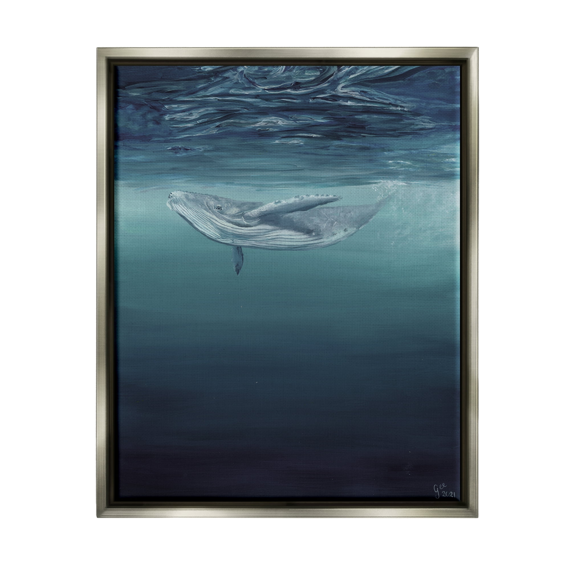 Stupell Industries Whale Swimming Underwater Animals & Insects Painting Gray Floater Framed Art Print Wall Art, 17 x 21