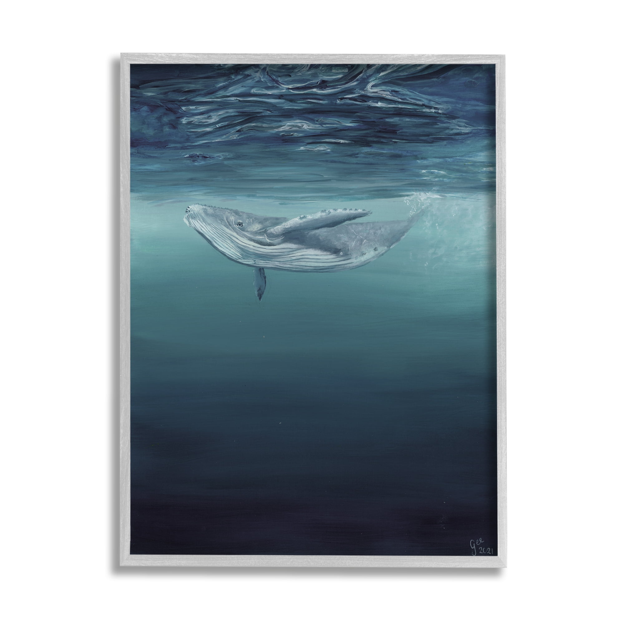 Stupell Industries Whale Swimming Underwater Animals & Insects Painting Gray Framed Art Print Wall Art, 11 x 14