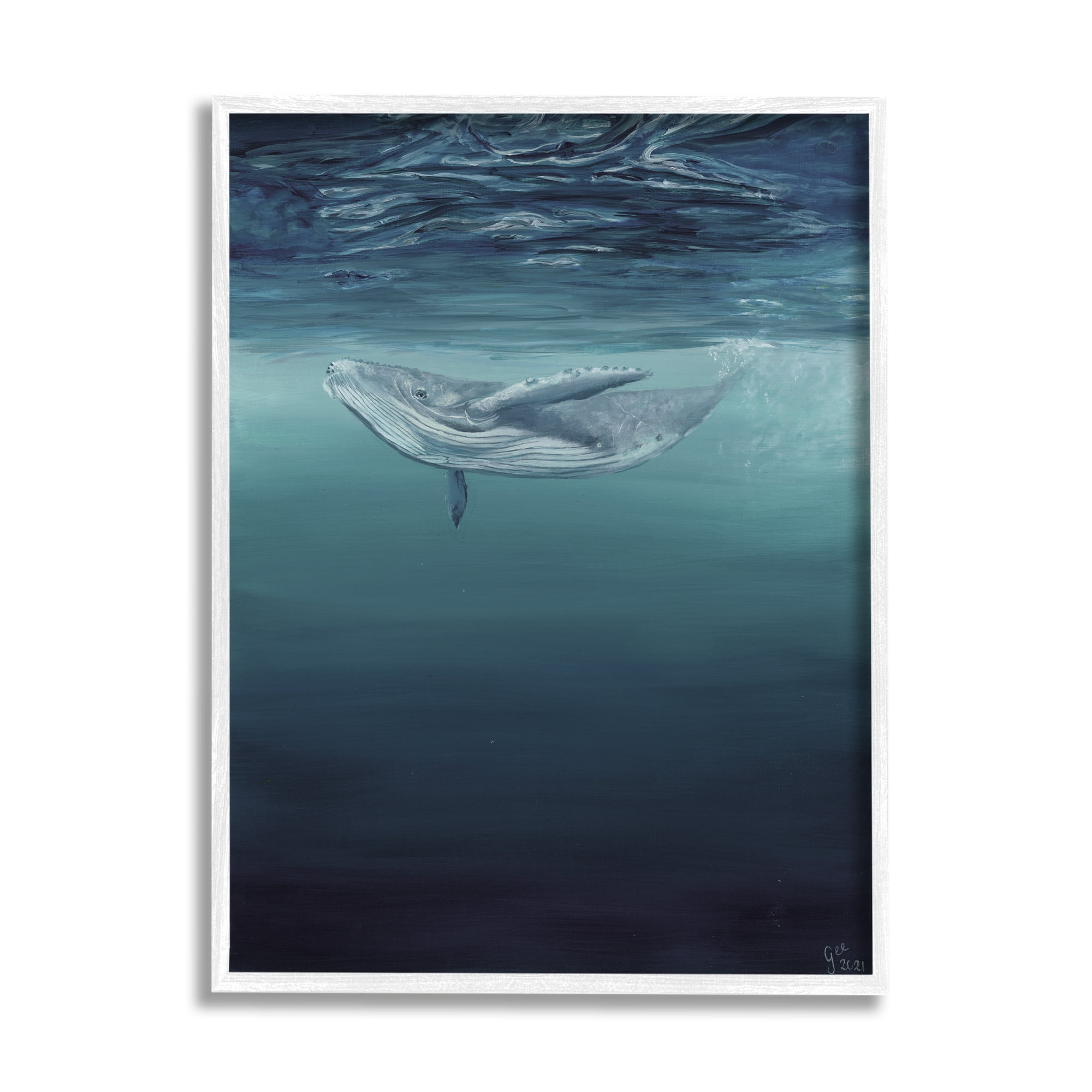 Stupell Industries Whale Swimming Underwater Animals & Insects Painting White Framed Art Print Wall Art, 11 x 14