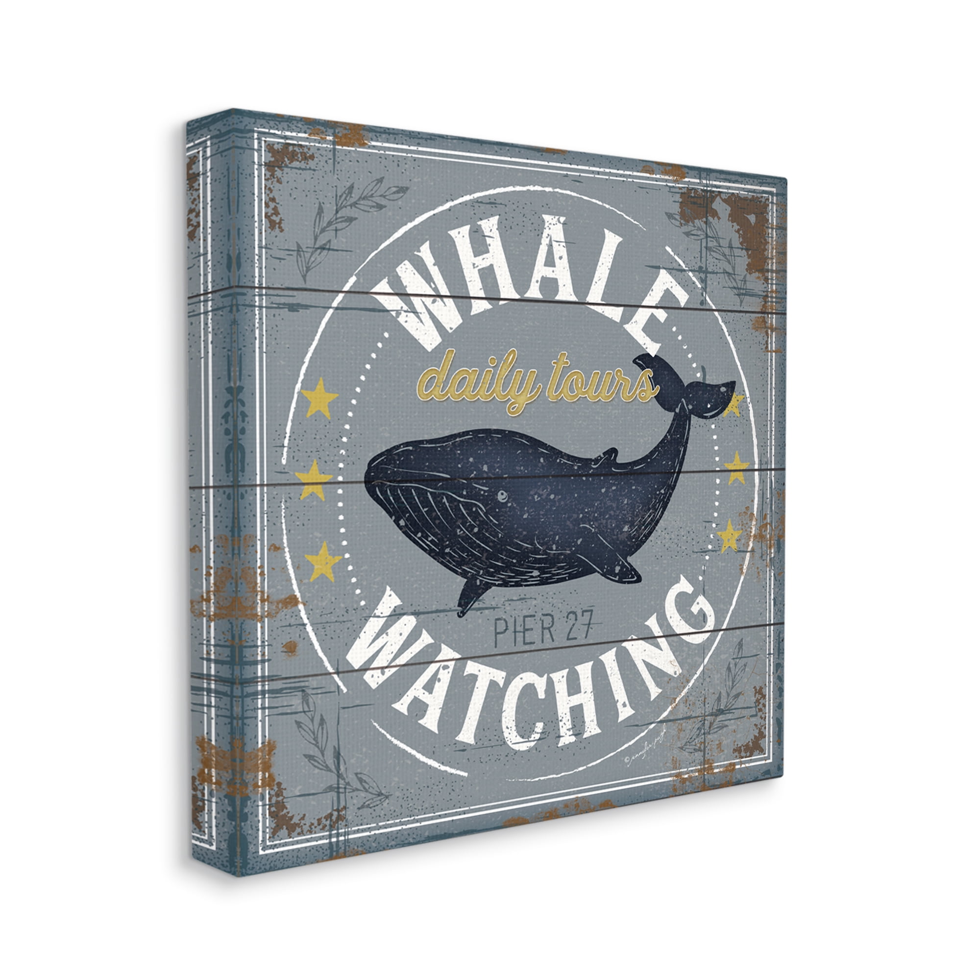 Stupell Industries Whale Watching Tours Sign Rustic Blue Marine Life, 36 x 36, Designed by Jennifer Pugh