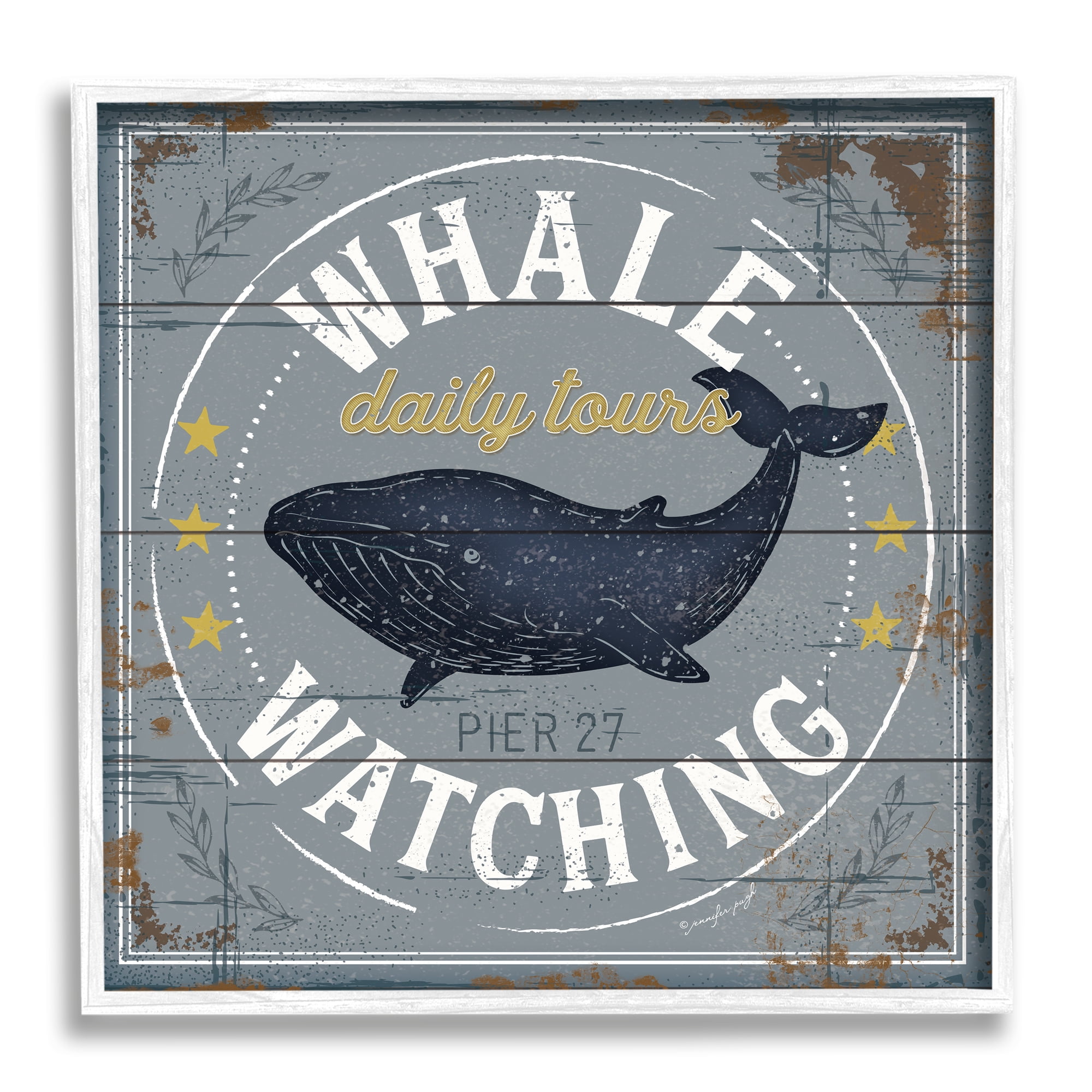 Stupell Industries Whale Watching Tours Sign Rustic Blue Marine Life Graphic Art White Framed Art Print Wall Art, 12x12, by Jennifer Pugh
