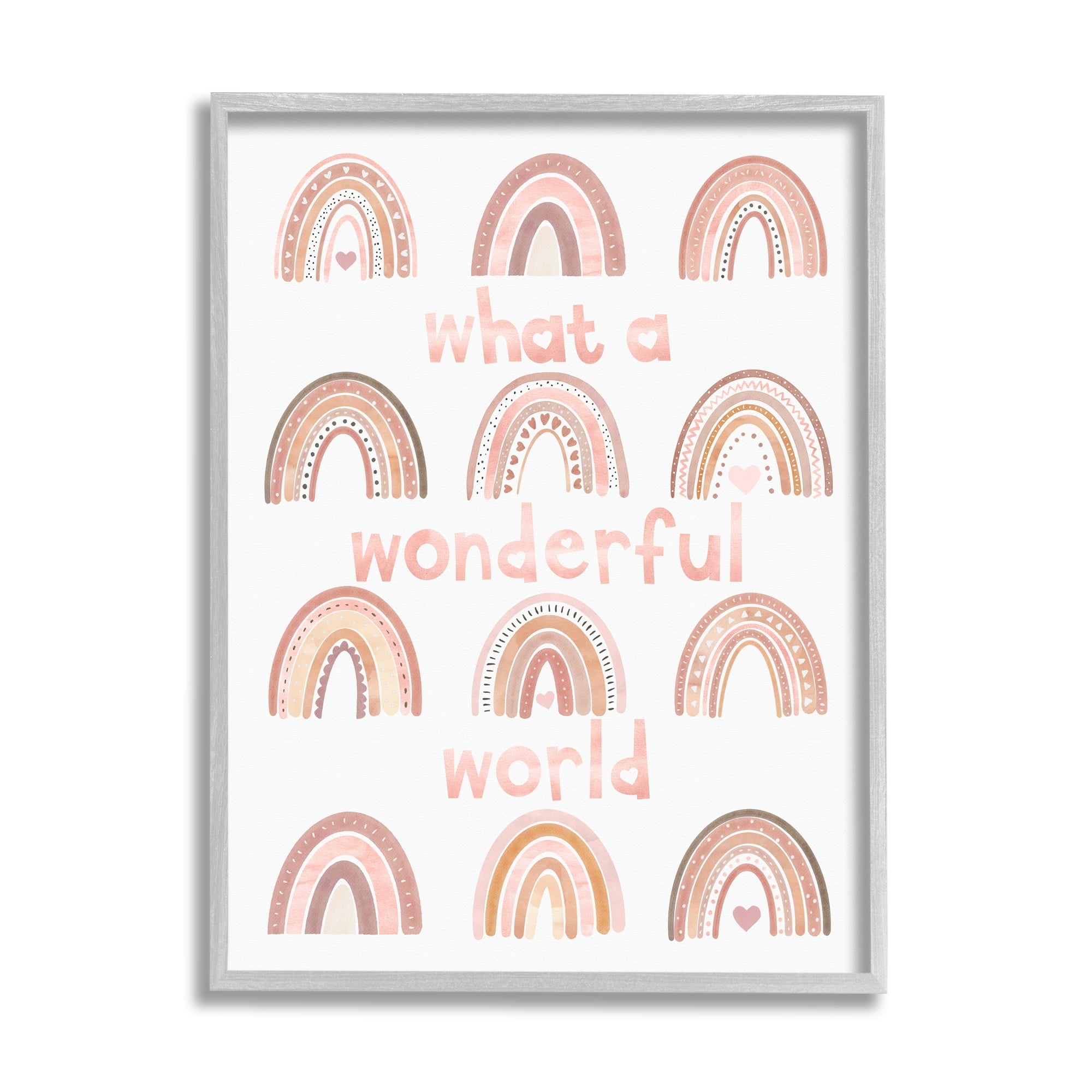 Stupell Industries What A Wonderful World Phrase Pink Heart Rainbows Graphic Art Gray Framed Art Print Wall Art, 11x14, by Erica Billups