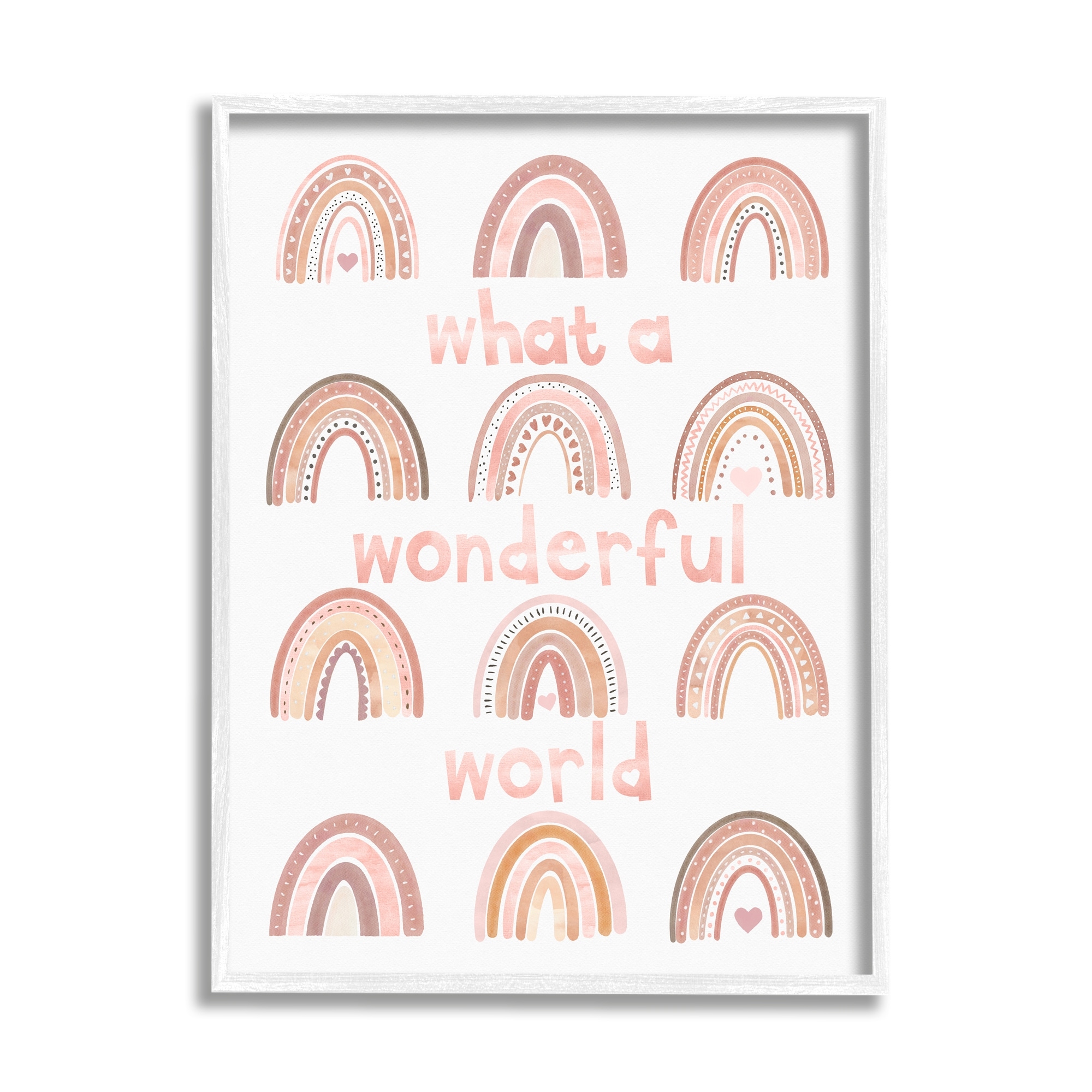 Stupell Industries What A Wonderful World Phrase Pink Heart Rainbows Graphic Art White Framed Art Print Wall Art, 16x20, by Erica Billups
