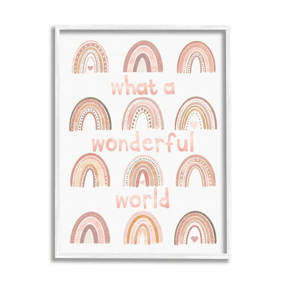 Stupell Industries What A Wonderful World Phrase Pink Heart Rainbows Graphic Art White Framed Art Print Wall Art, 16x20, by Erica Billups