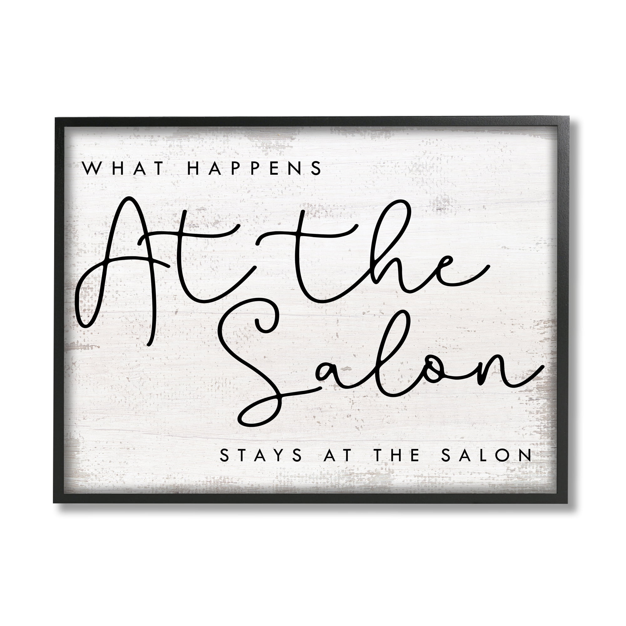 Stupell Industries What Happens at the Salon Phrase Beauty Sentiments Inspirational Painting Black Framed Art Print Wall Art, 16 x 20