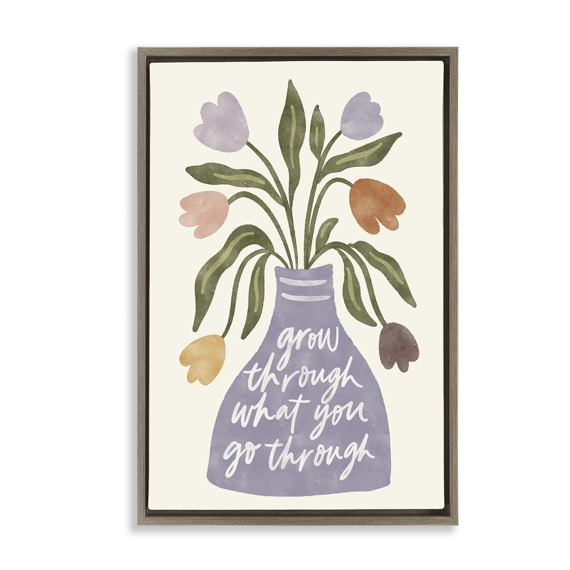 Stupell Industries What You Go Through Flowers Plants & Flowers Painting Brown Floater Framed Canvas Art Print Wall Art, 21 x 31