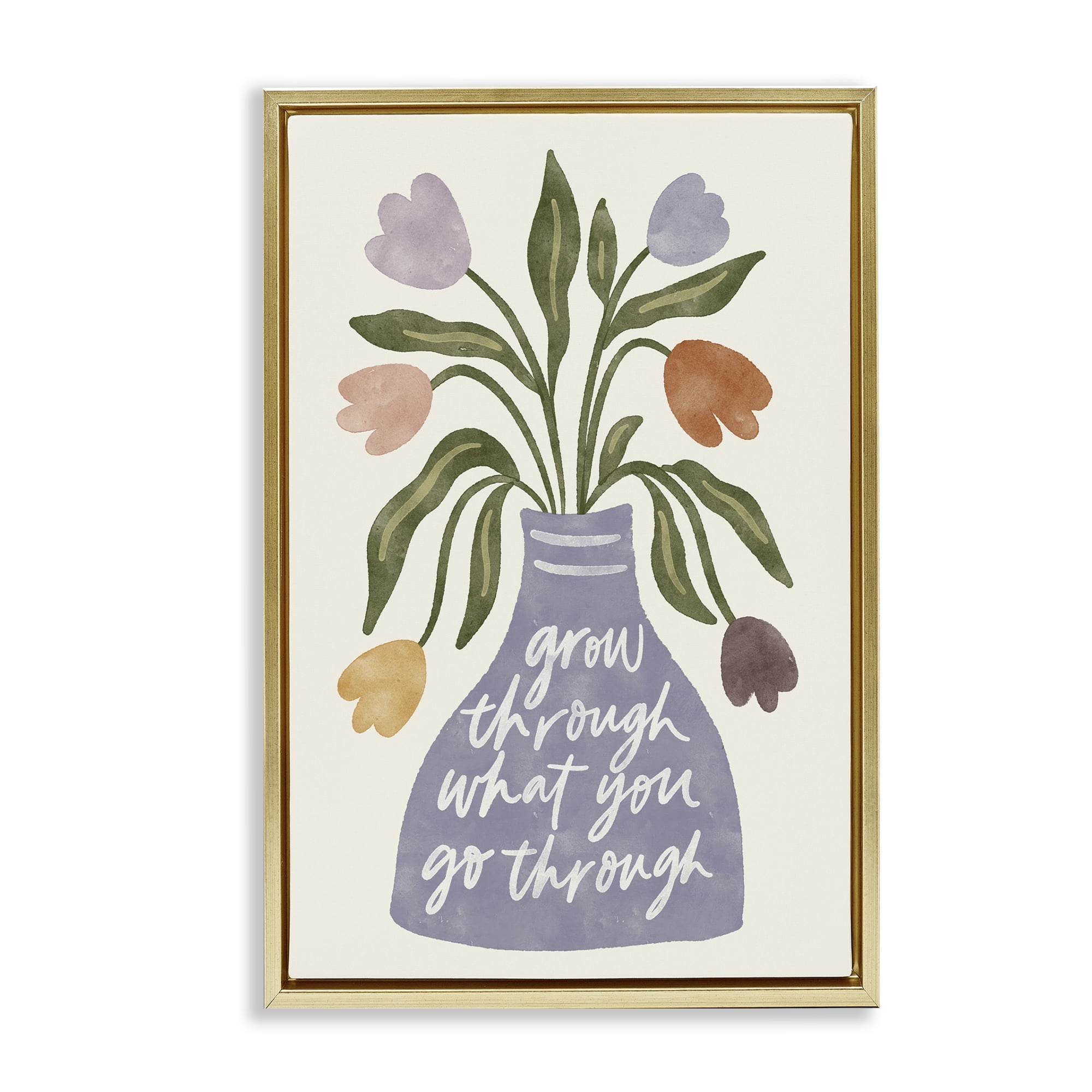 Stupell Industries What You Go Through Flowers Plants & Flowers Painting Gold Floater Framed Canvas Art Print Wall Art, 17 x 25