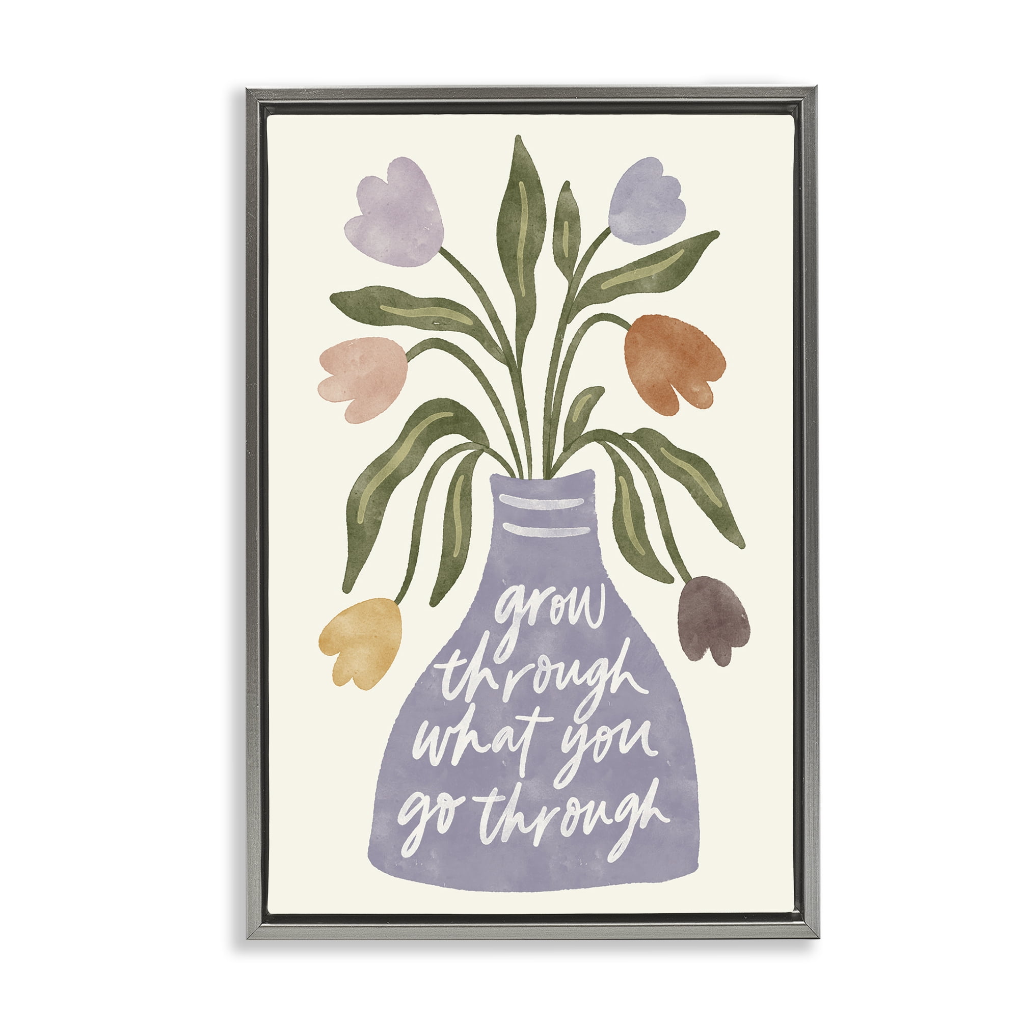 Stupell Industries What You Go Through Flowers Plants & Flowers Painting Gray Floater Framed Canvas Art Print Wall Art, 21 x 31