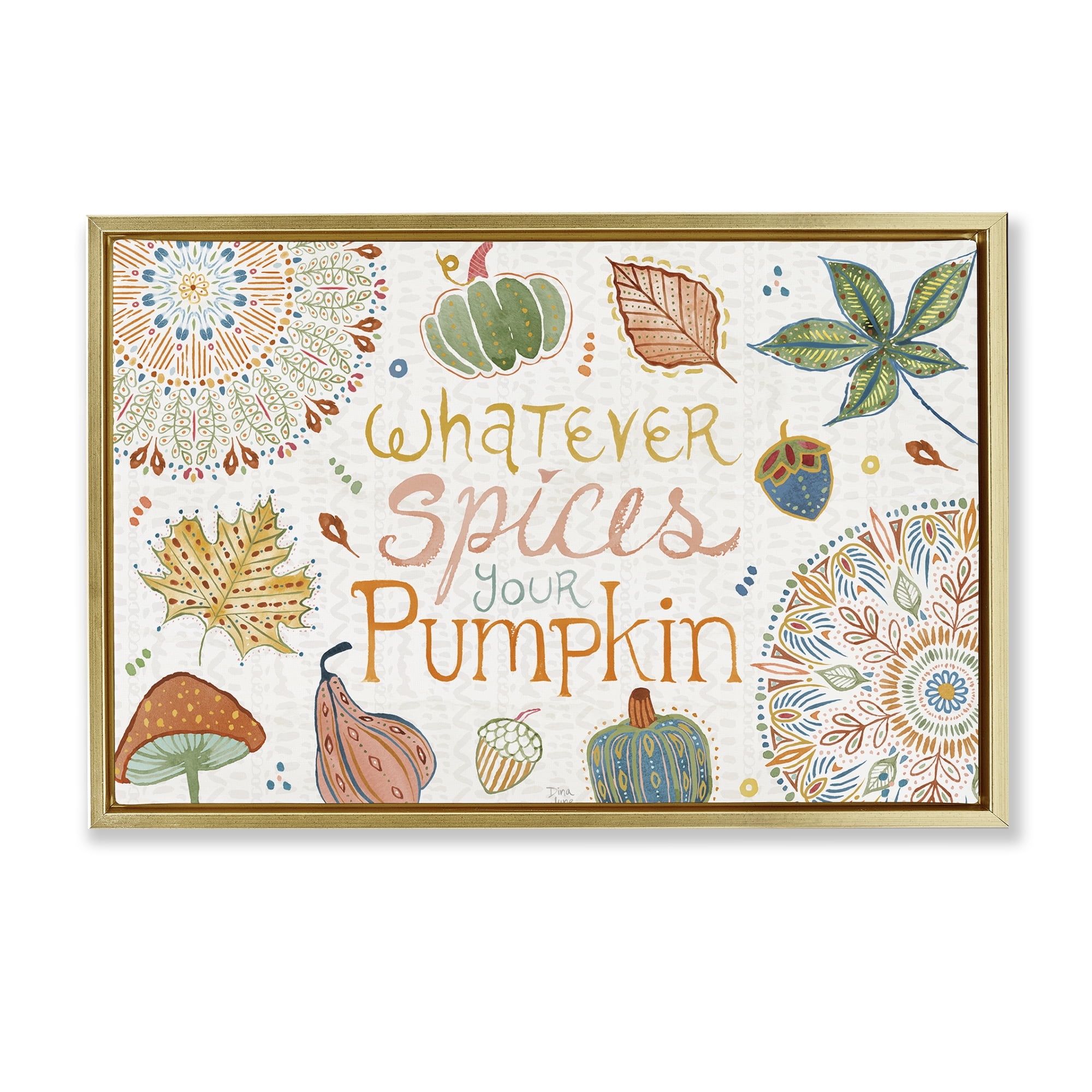 Stupell Industries Whatever Spices Your Pumpkin Holiday Painting Gold Floater Framed Canvas Art Prints Wall Art, 31 x 21