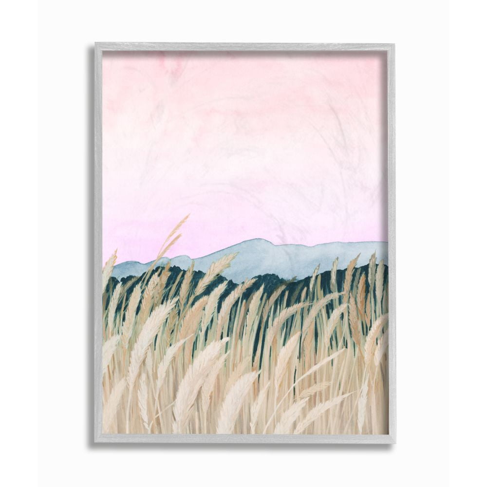 Stupell Industries Wheat Field Dawn Green Pink Watercolor Painting Gray Framed Art Print Wall Art, 16x20, by Grace Popp
