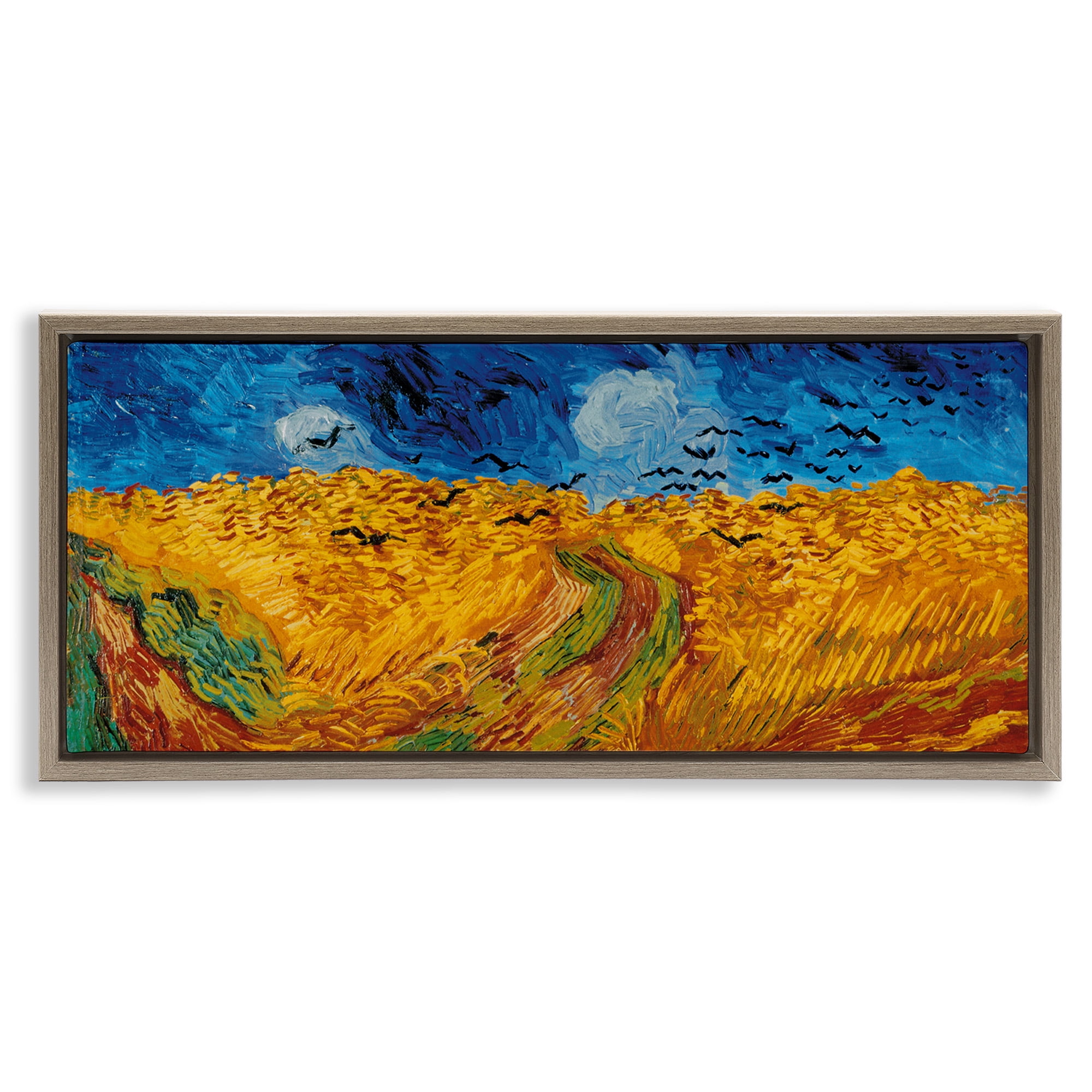 Stupell Industries Wheat Field with Crows Classic Landscape Painting Brown Floater Framed Canvas Art Print Wall Art, 31 x 14