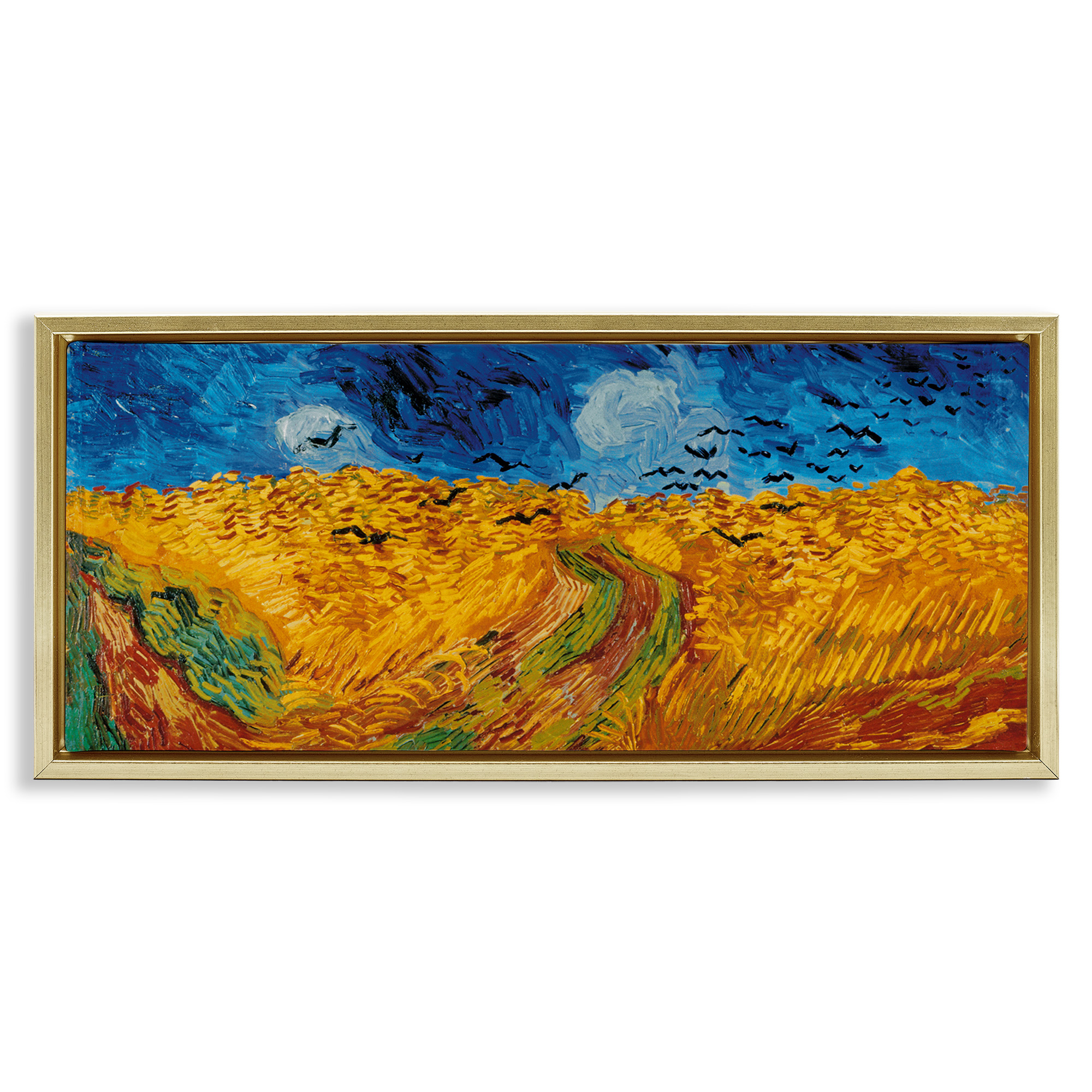Stupell Industries Wheat Field with Crows Classic Landscape Painting Gold Floater Framed Canvas Art Print Wall Art, 31 x 14