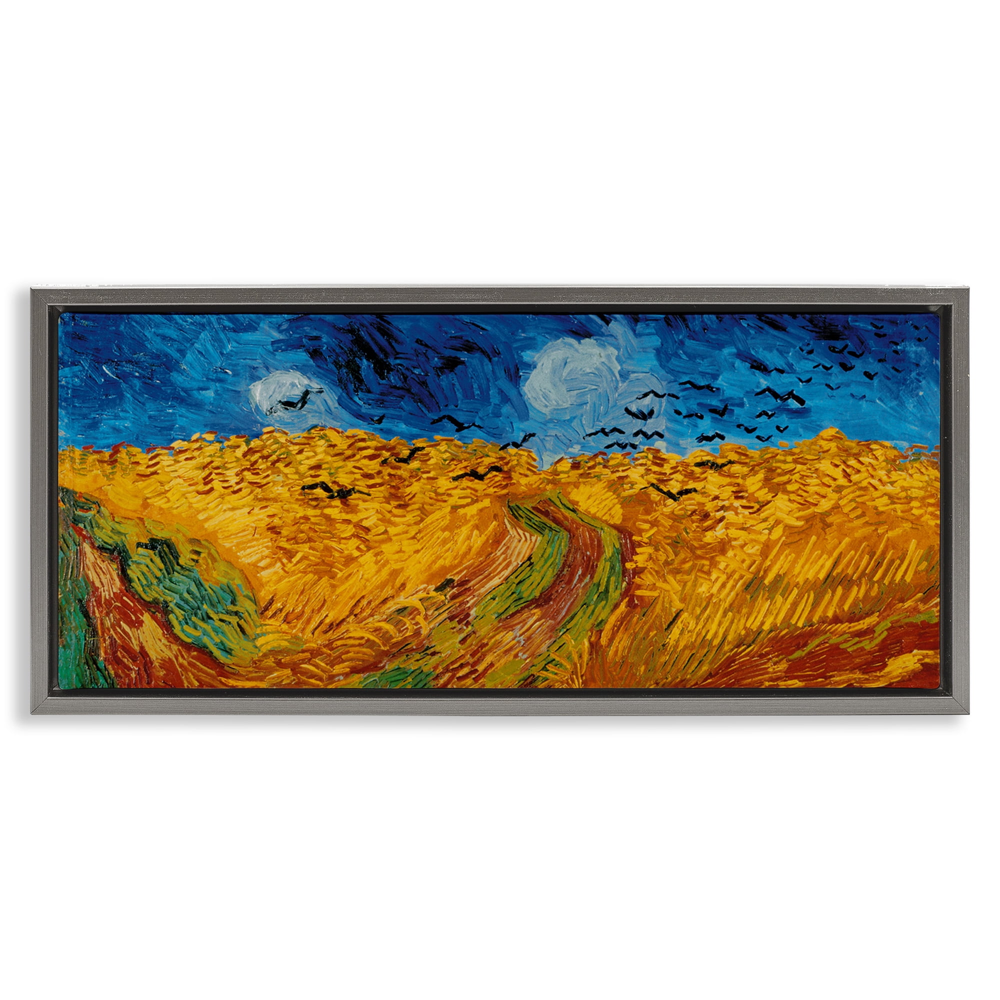 Stupell Industries Wheat Field with Crows Classic Landscape Painting Gray Floater Framed Canvas Art Print Wall Art, 31 x 14