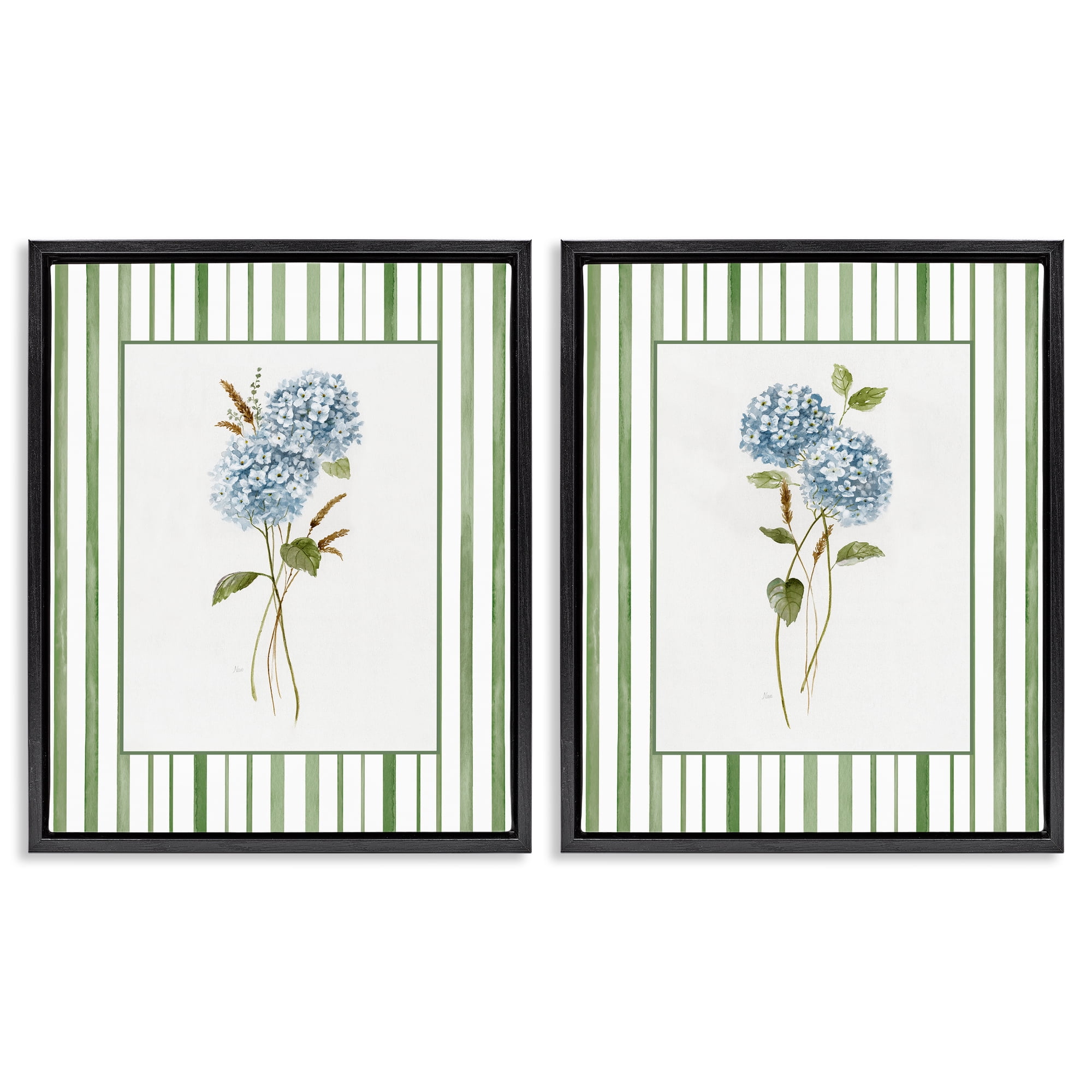 Stupell Industries Wheat & Hydrangea Sprigs 2 Piece Black Framed Floater Canvas Set, design by Nan