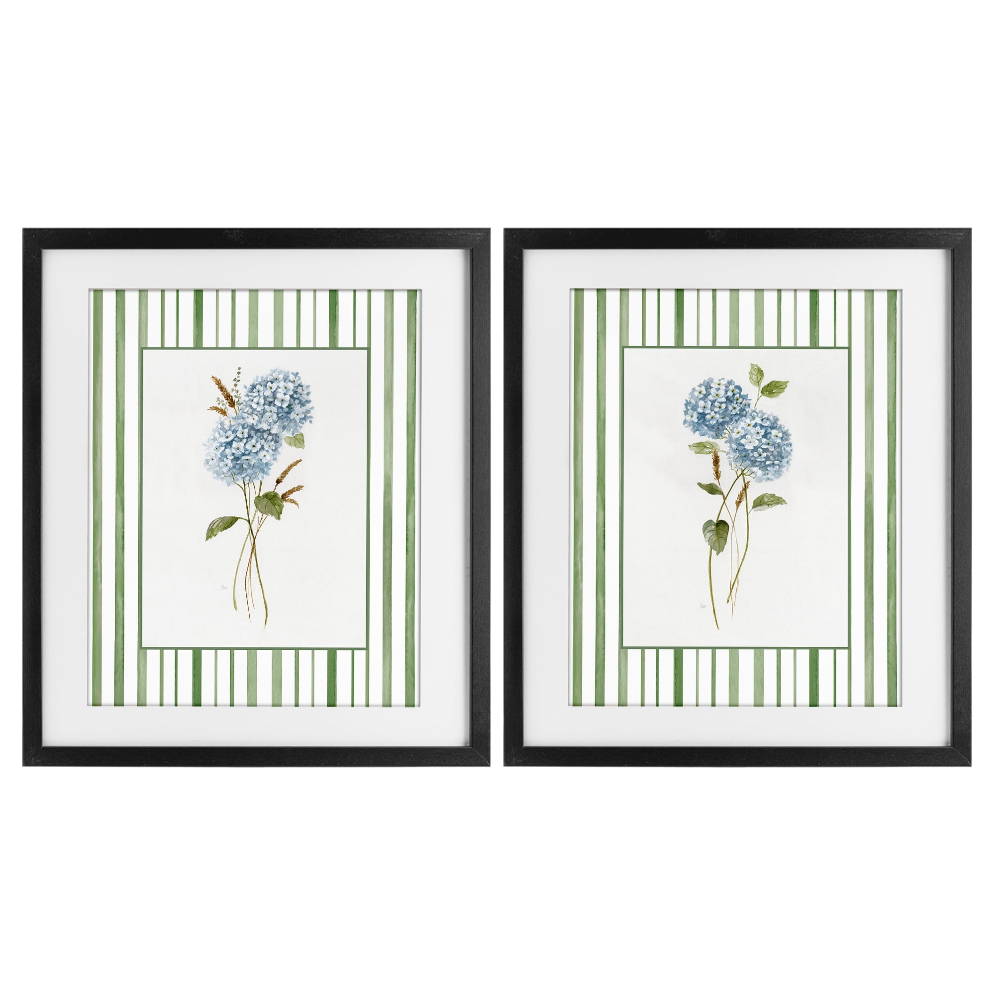 Stupell Industries Wheat & Hydrangea Sprigs 2 Piece Black Framed Print Under Glass Set, design by Nan