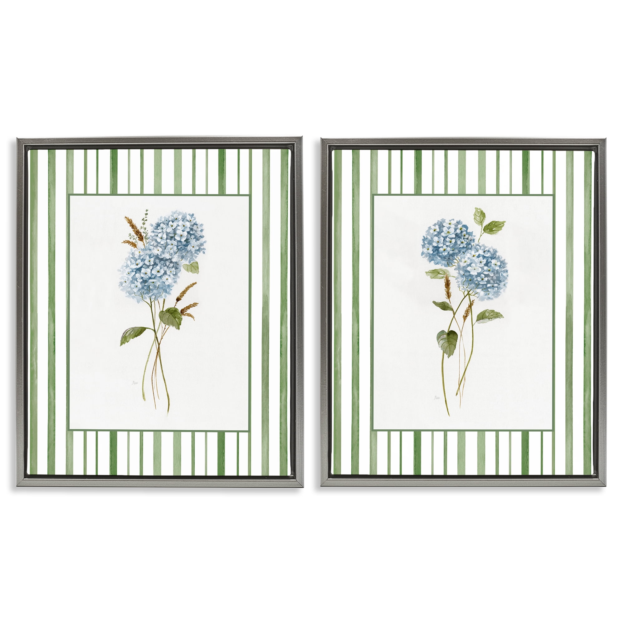 Stupell Industries Wheat & Hydrangea Sprigs 2 Piece Gray Framed Floater Canvas Set, design by Nan