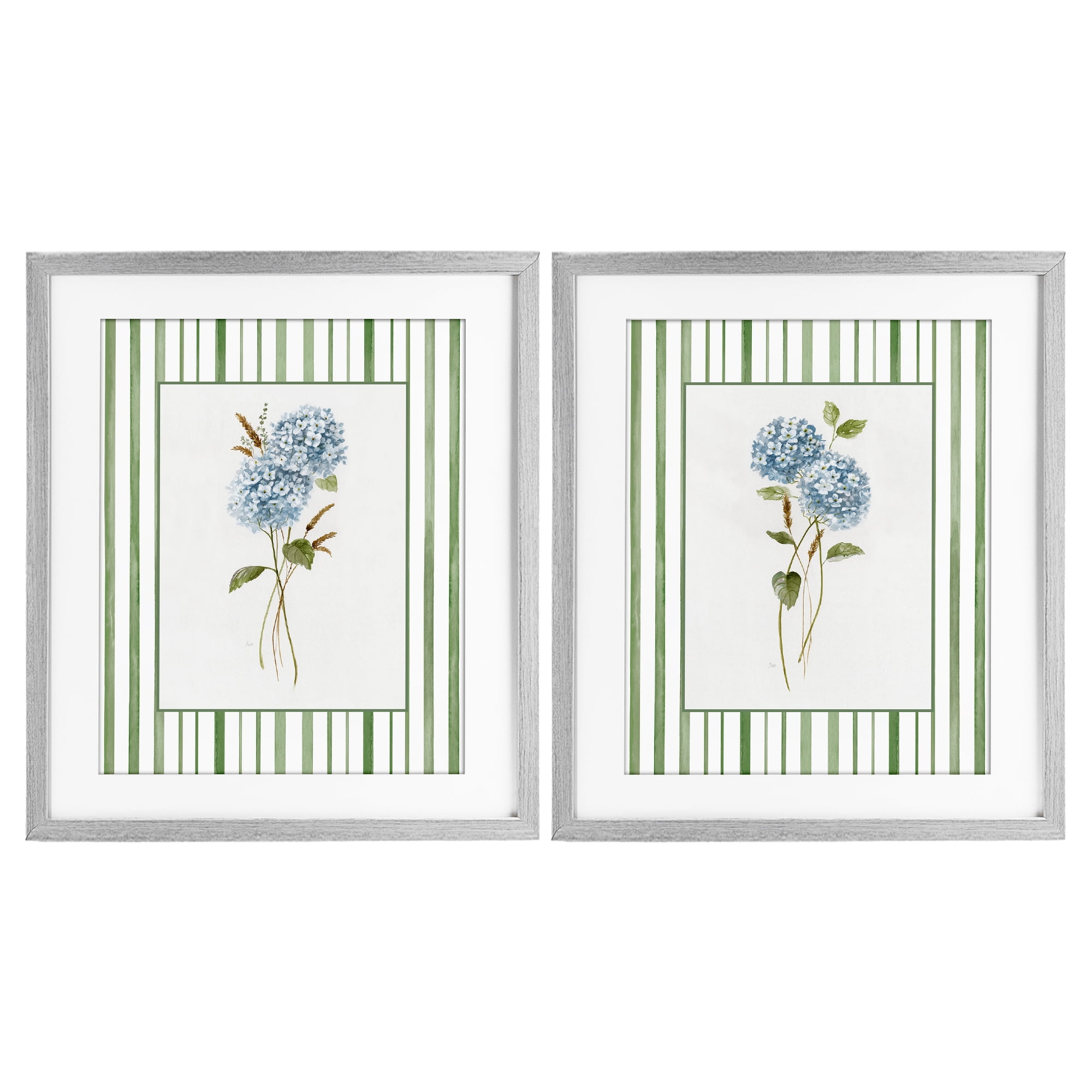 Stupell Industries Wheat & Hydrangea Sprigs 2 Piece Gray Framed Print Under Glass Set, design by Nan