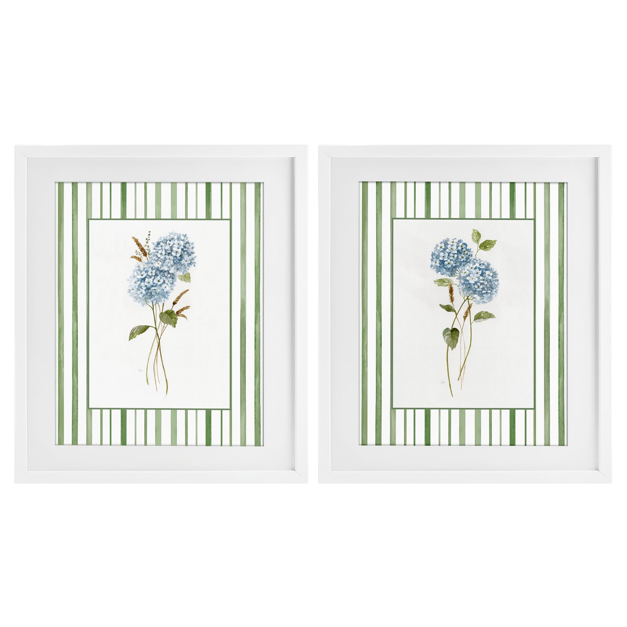 Stupell Industries Wheat & Hydrangea Sprigs 2 Piece White Framed Print Under Glass Set, design by Nan