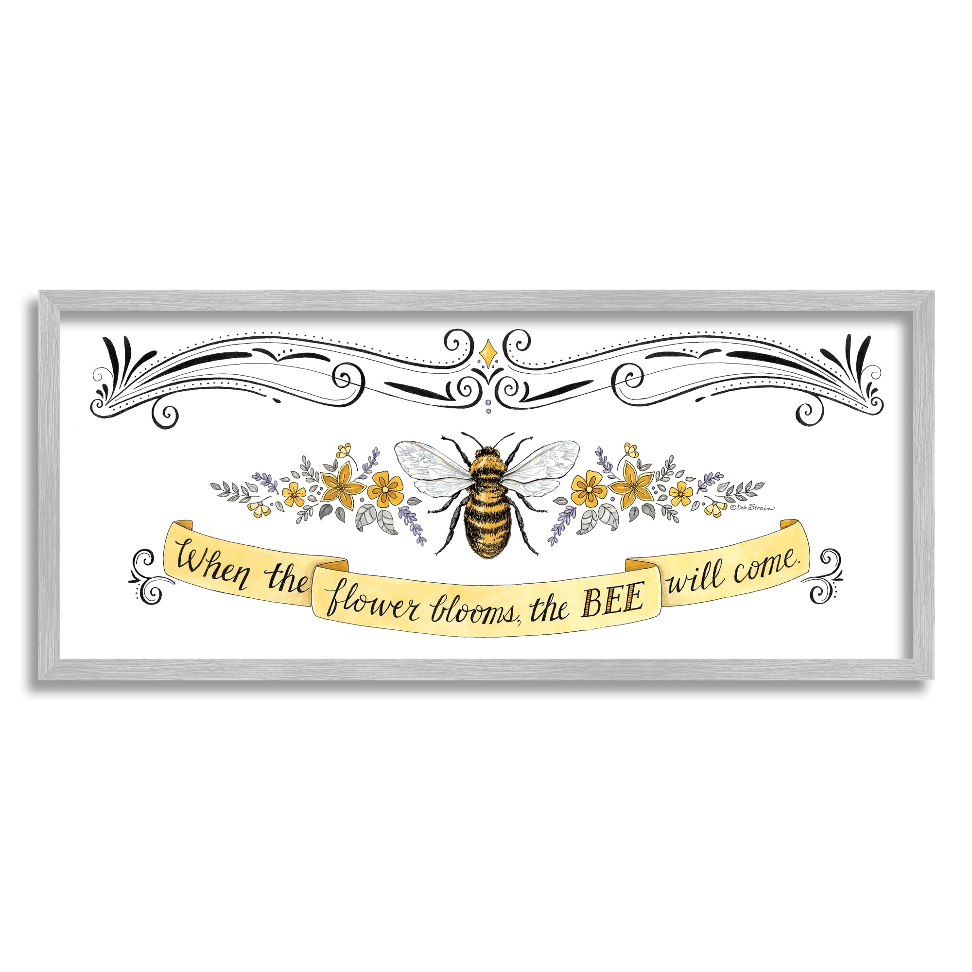 Stupell Industries When The Flower Blooms Honey Bee Banner Quote Graphic Art Gray Framed Art Print Wall Art, Design by Deb Strain