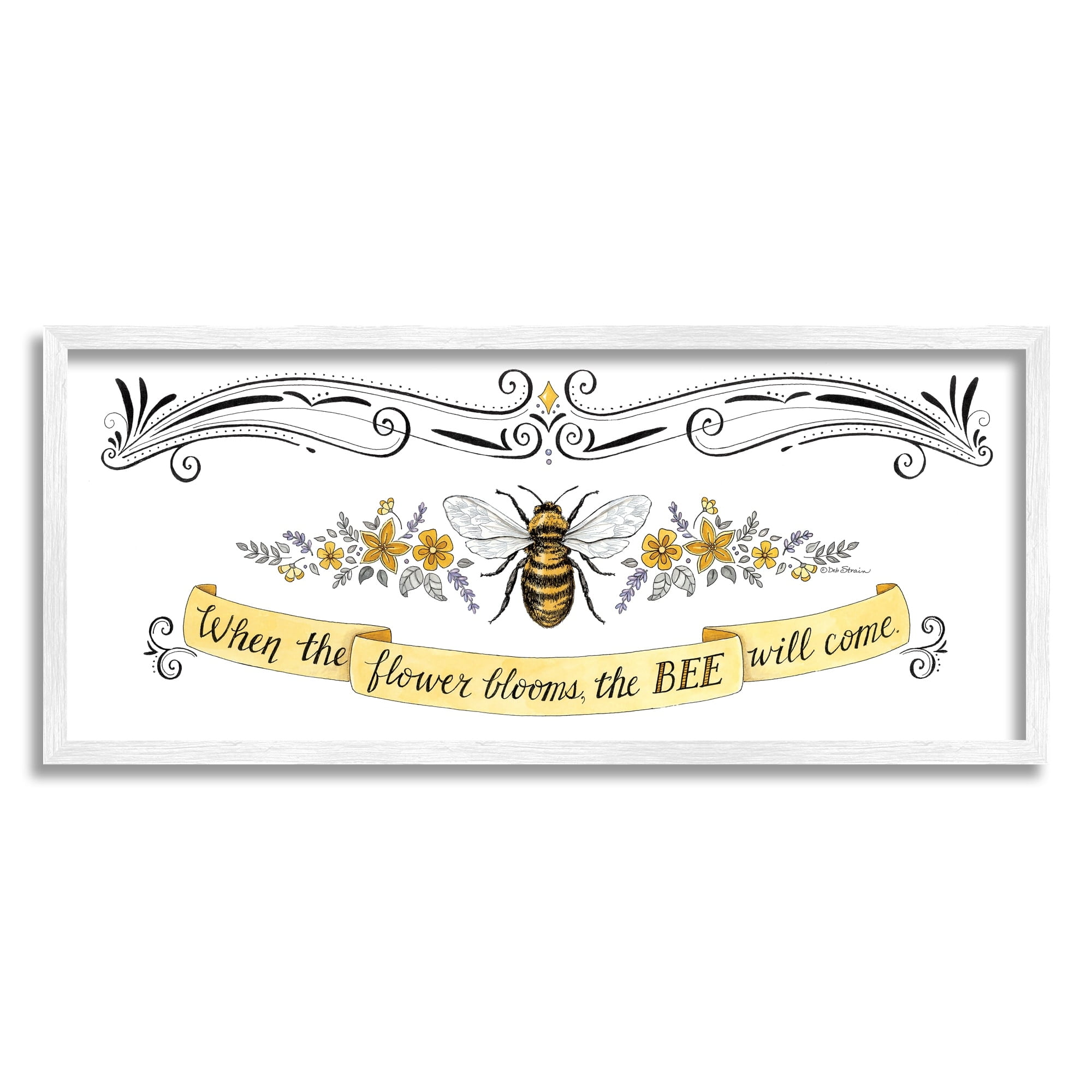 Stupell Industries When The Flower Blooms Honey Bee Banner Quote Graphic Art White Framed Art Print Wall Art, Design by Deb Strain